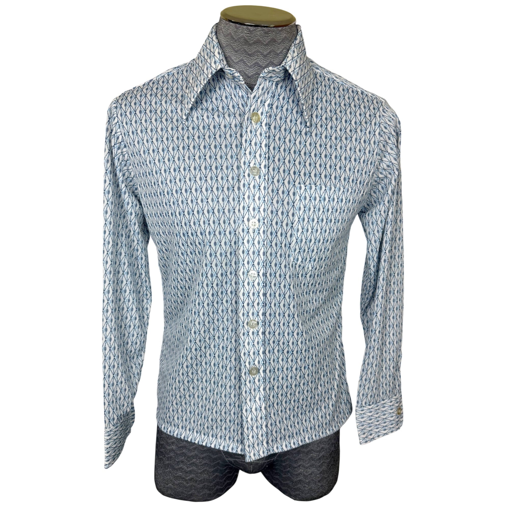 Vintage 1970s Polyester Shirt Blue Geo Print Pointy Collar M