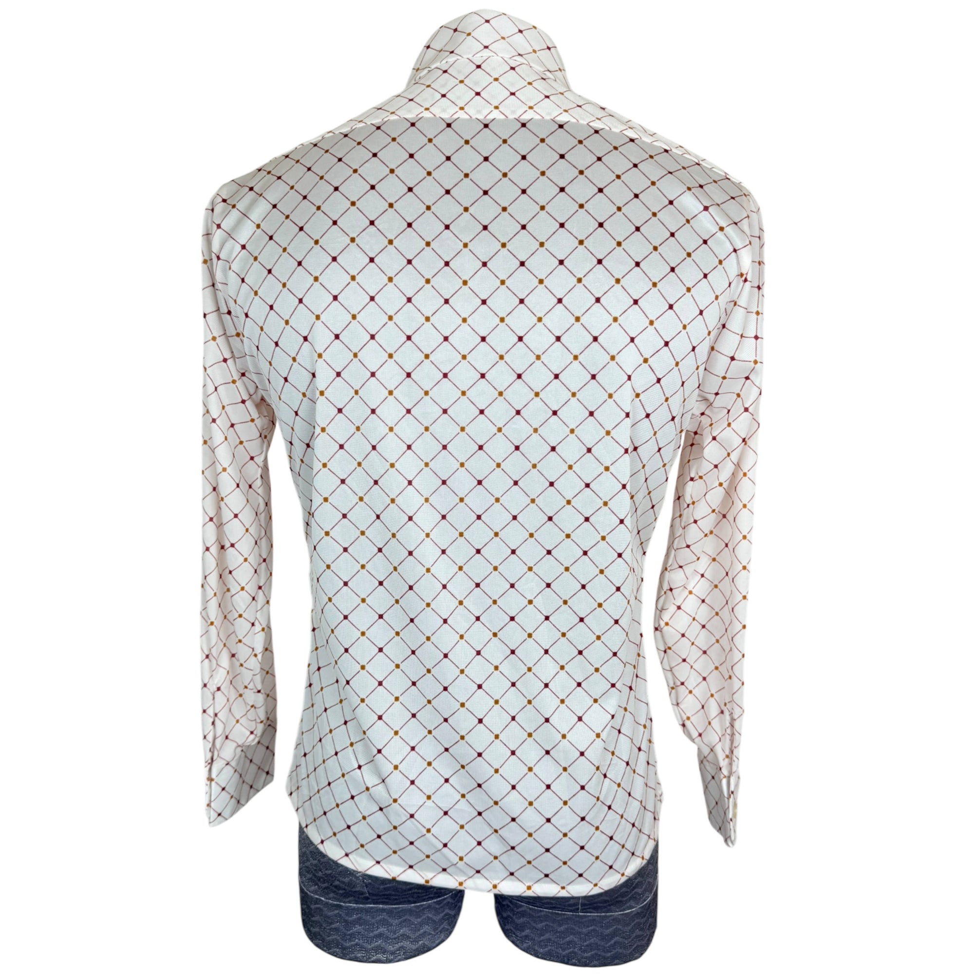 Vintage 1970s Polyester Shirt Red Geo Print Pointy Collar M