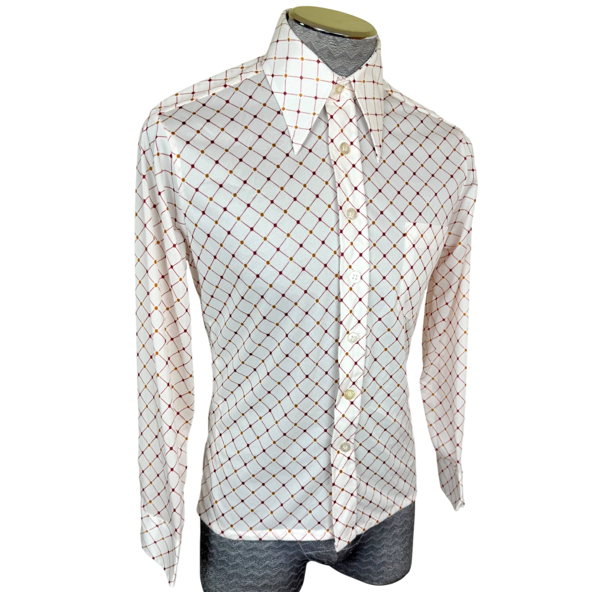 Vintage 1970s Polyester Shirt Red Geo Print Pointy Collar M