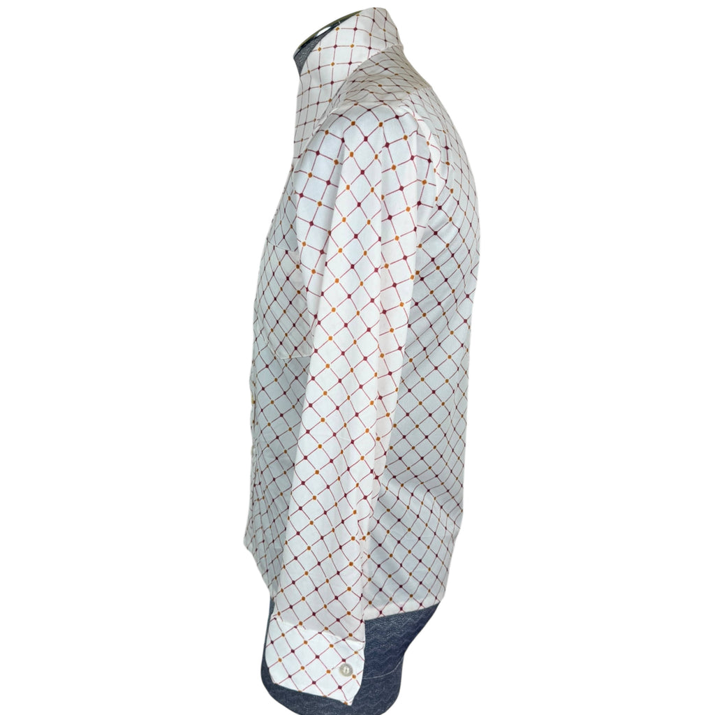 Vintage 1970s Polyester Shirt Red Geo Print Pointy Collar M