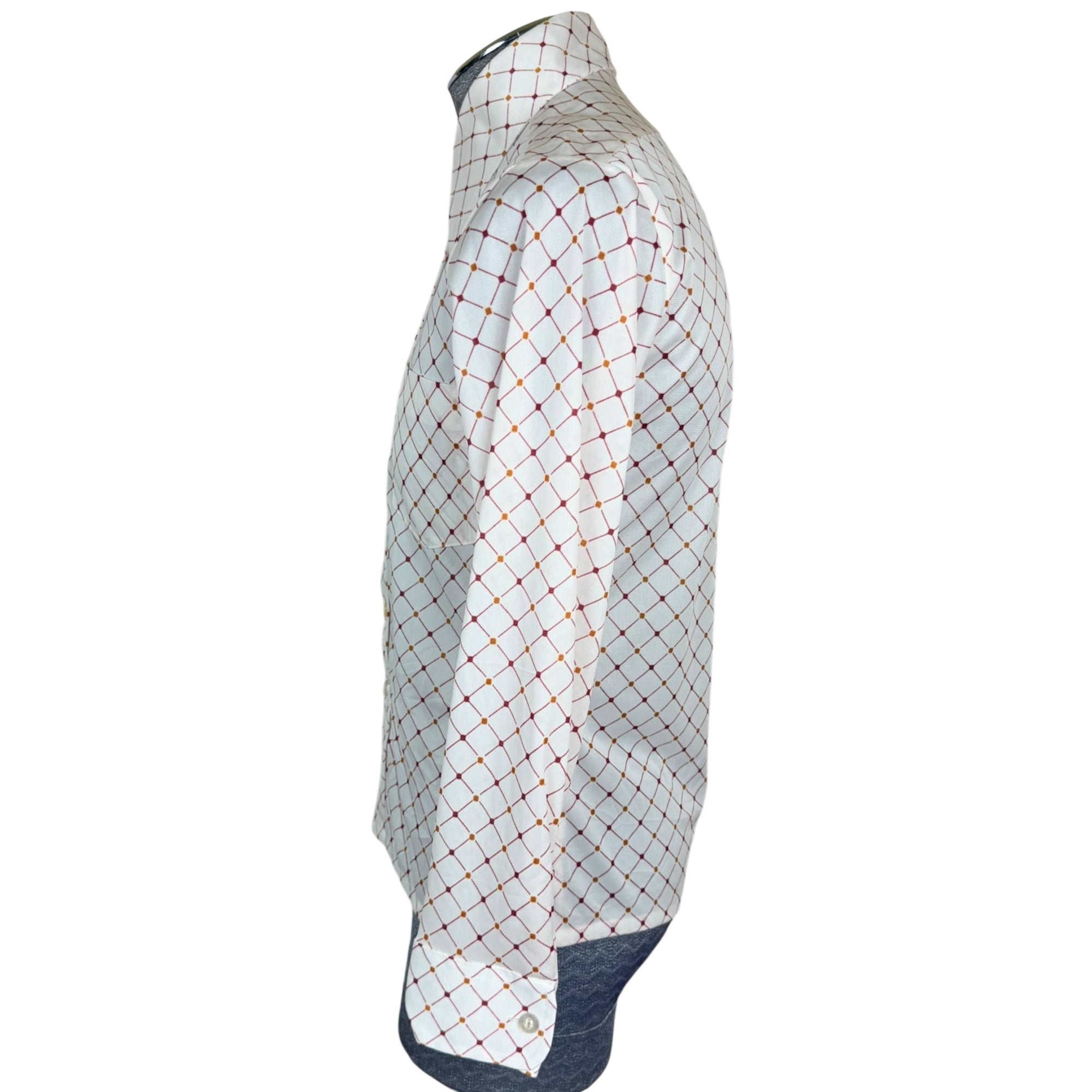 Vintage 1970s Polyester Shirt Red Geo Print Pointy Collar M