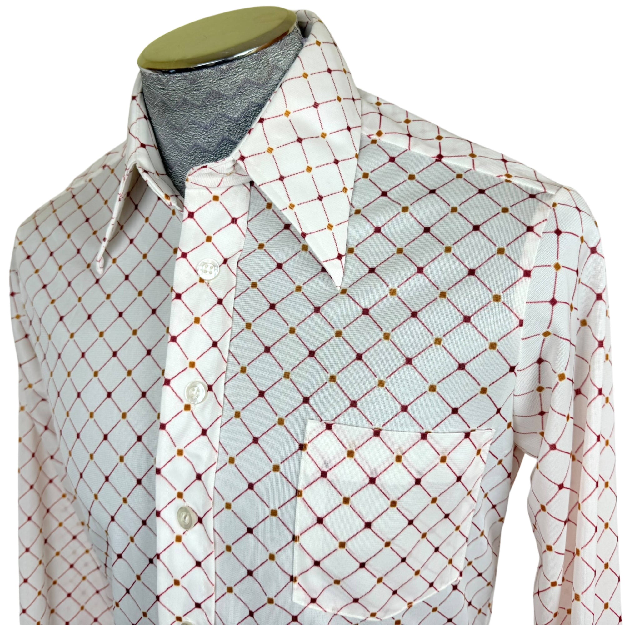 Vintage 1970s Polyester Shirt Red Geo Print Pointy Collar M