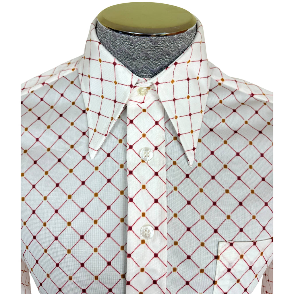 Vintage 1970s Polyester Shirt Red Geo Print Pointy Collar M