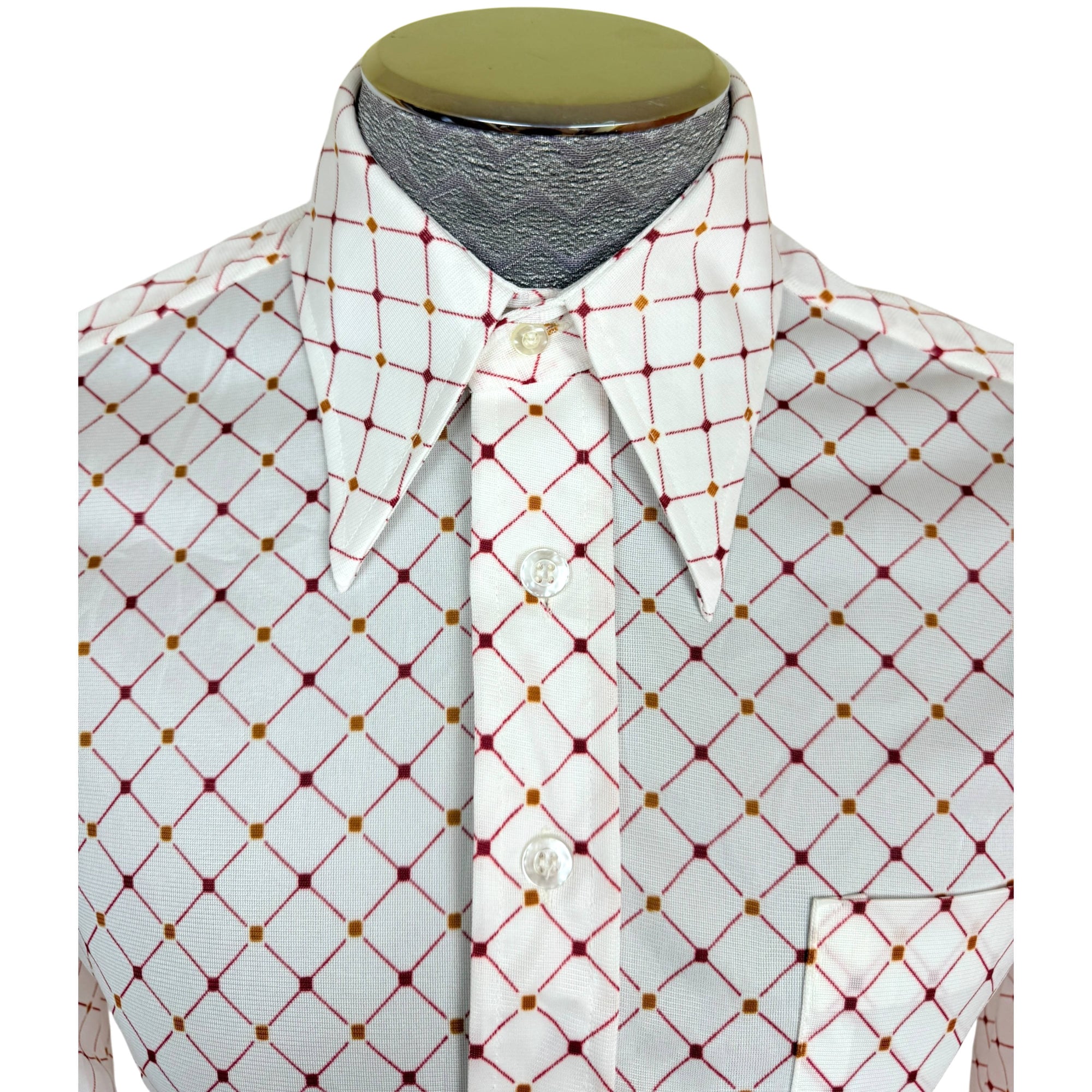Vintage 1970s Polyester Shirt Red Geo Print Pointy Collar M