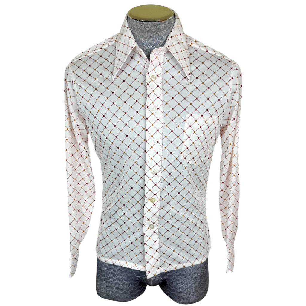 Vintage 1970s Polyester Shirt Red Geo Print Pointy Collar M