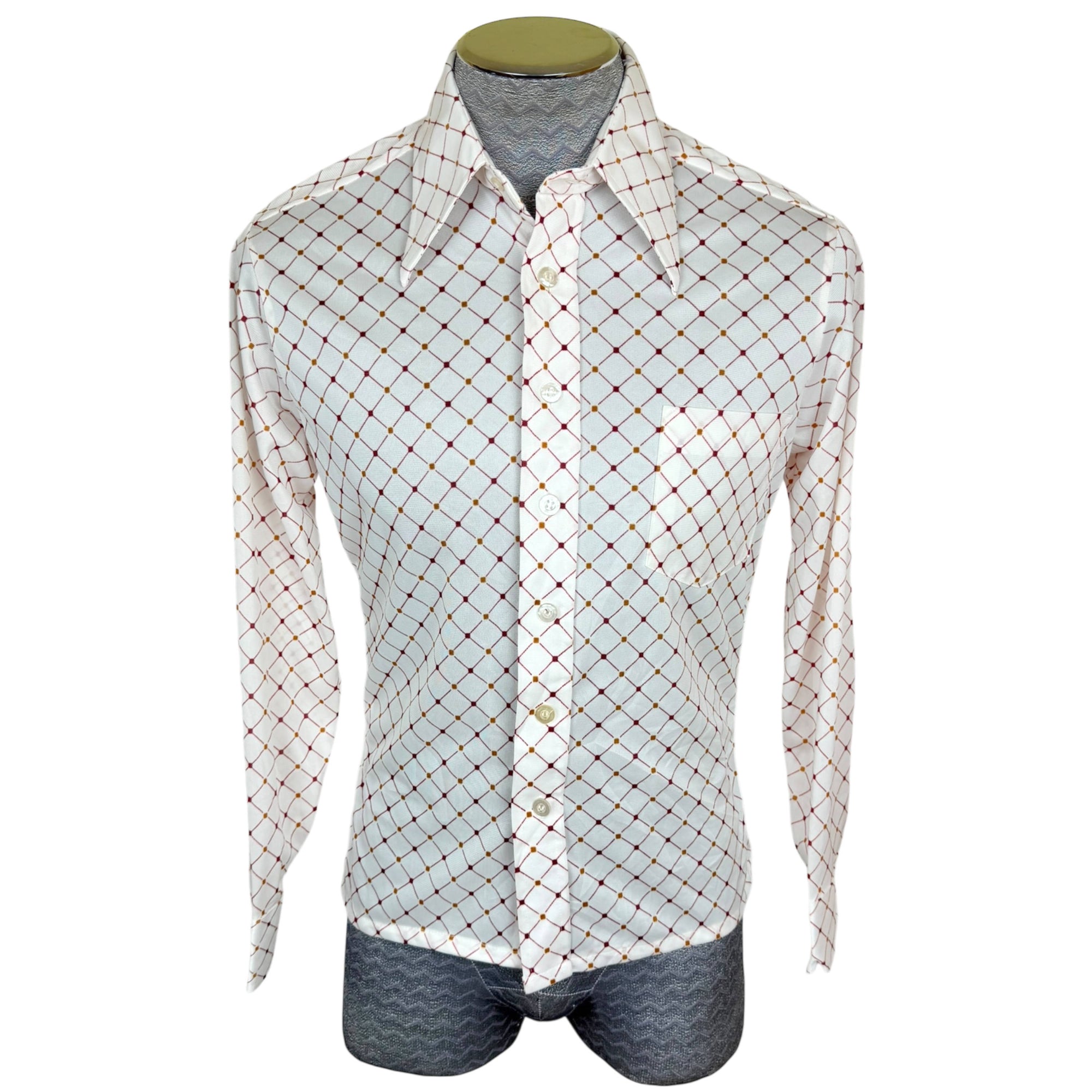 Vintage 1970s Polyester Shirt Red Geo Print Pointy Collar M