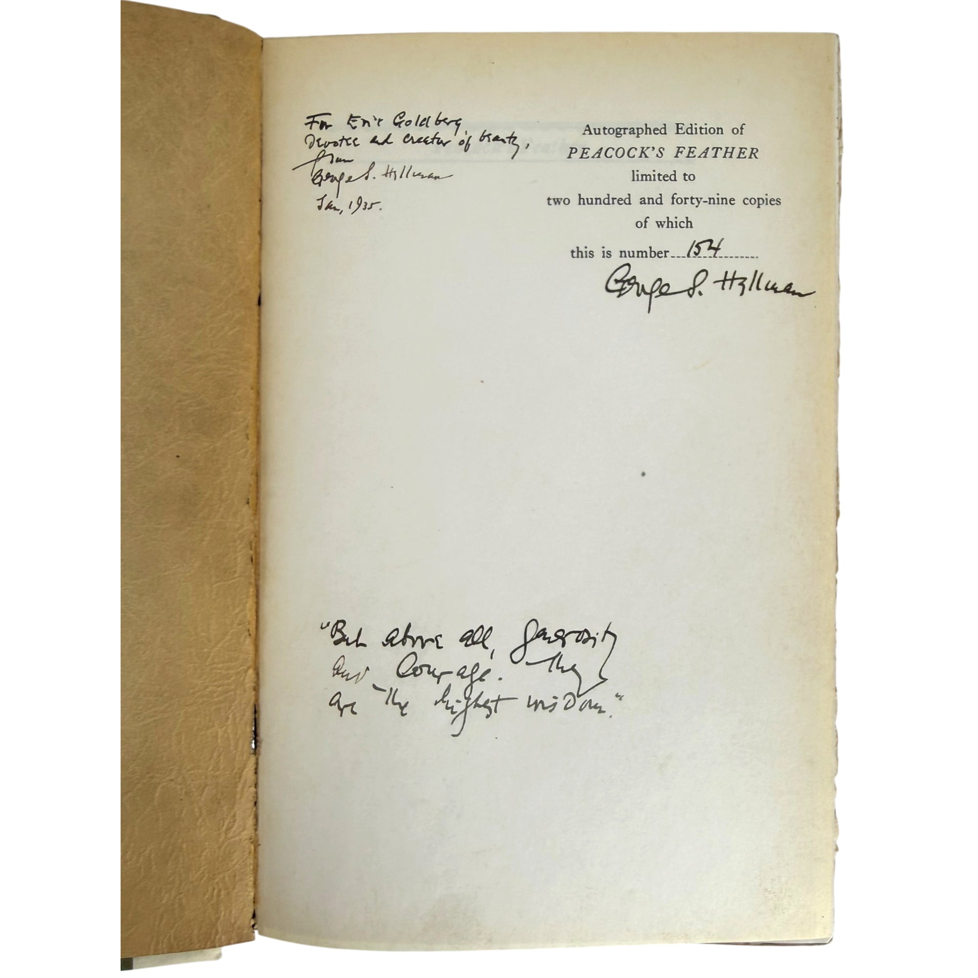 presentation page of peacock's feather by george s hellman, signed and inscribed limited edition