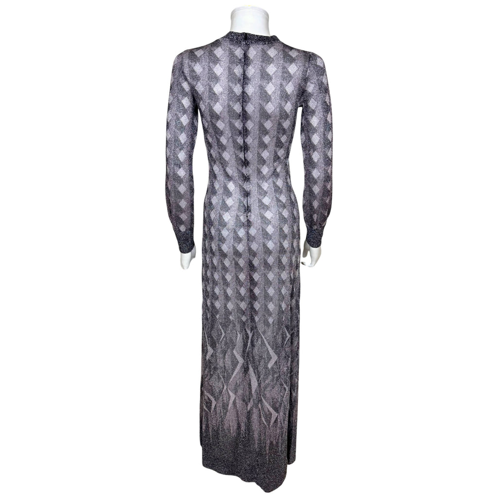 Vintage 1970s Pelilla metallic maxi dress made in Italy full back view