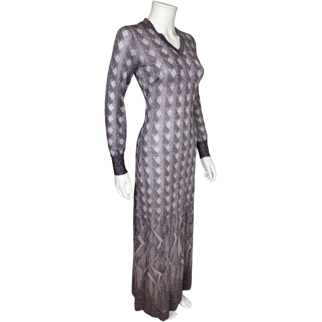 Pelilla 1970s sheer metallic maxi dress with geometric hand printed design
