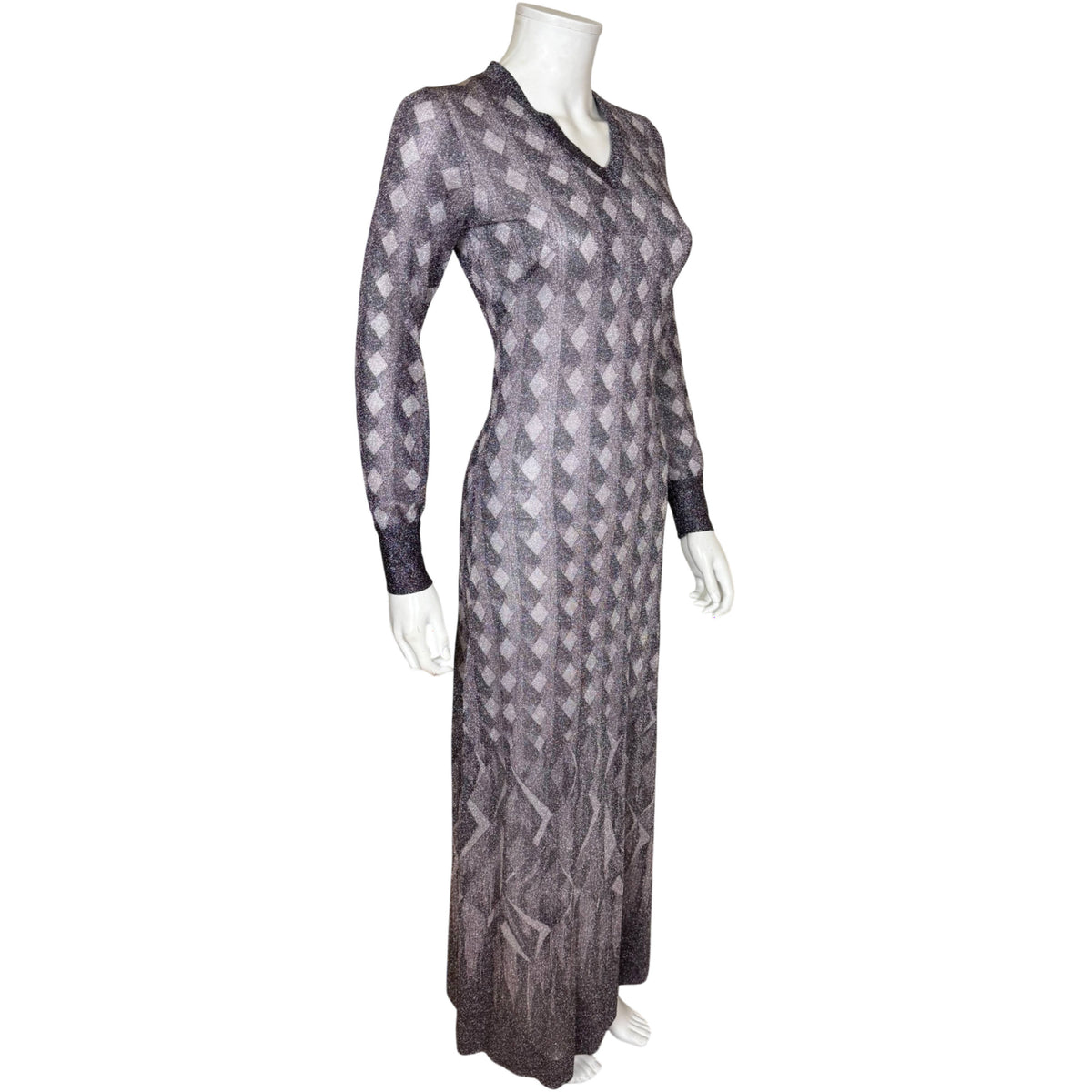 Pelilla 1970s sheer metallic maxi dress with geometric hand printed design