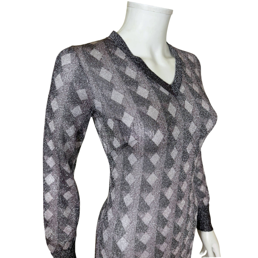angled view of bodice of 1970s metallic maxi dress
