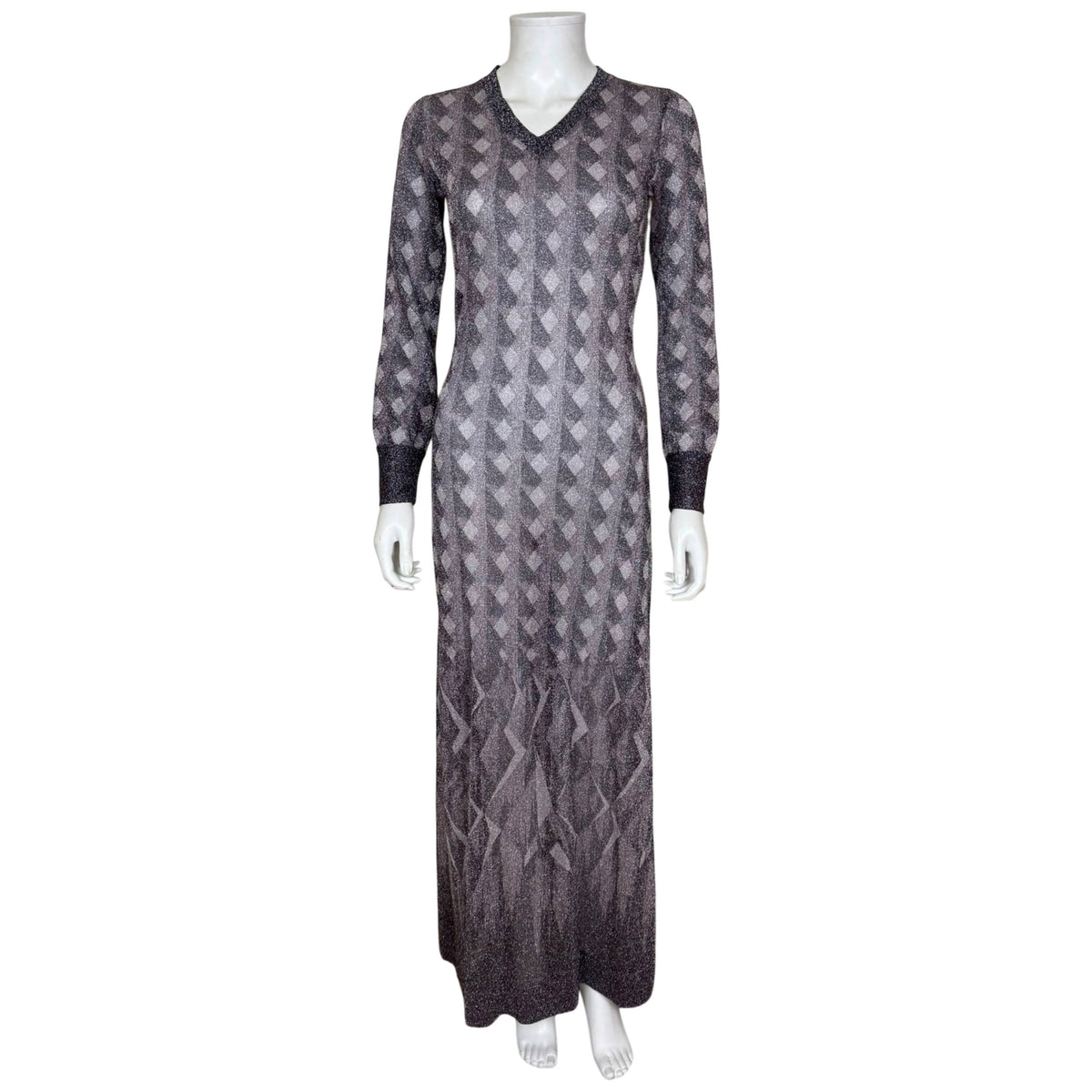 Vintage 1970s Pelilla metallic maxi dress hand printed in Italy full front view