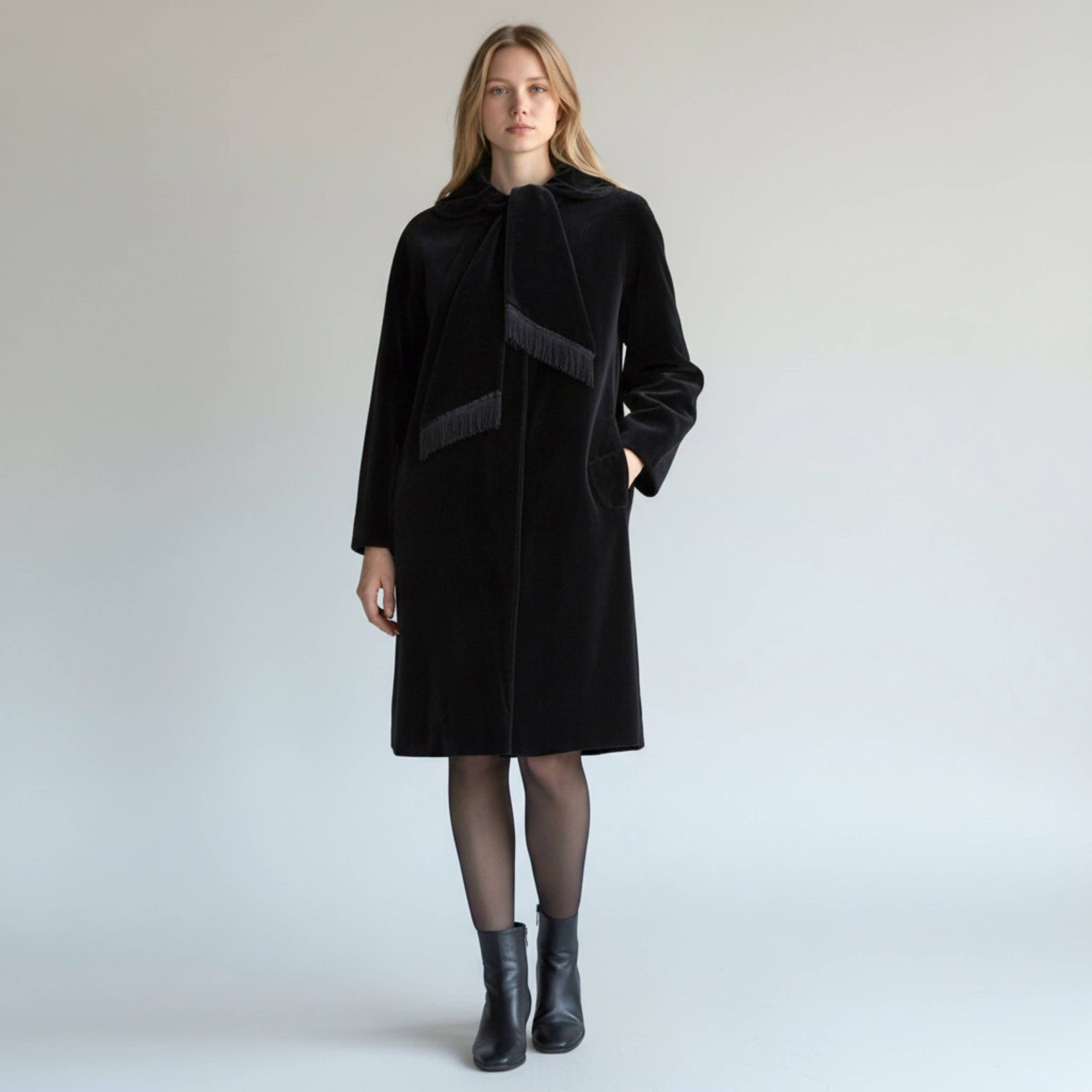 AI model wearing vintage black velvet coat petite petite by lydia