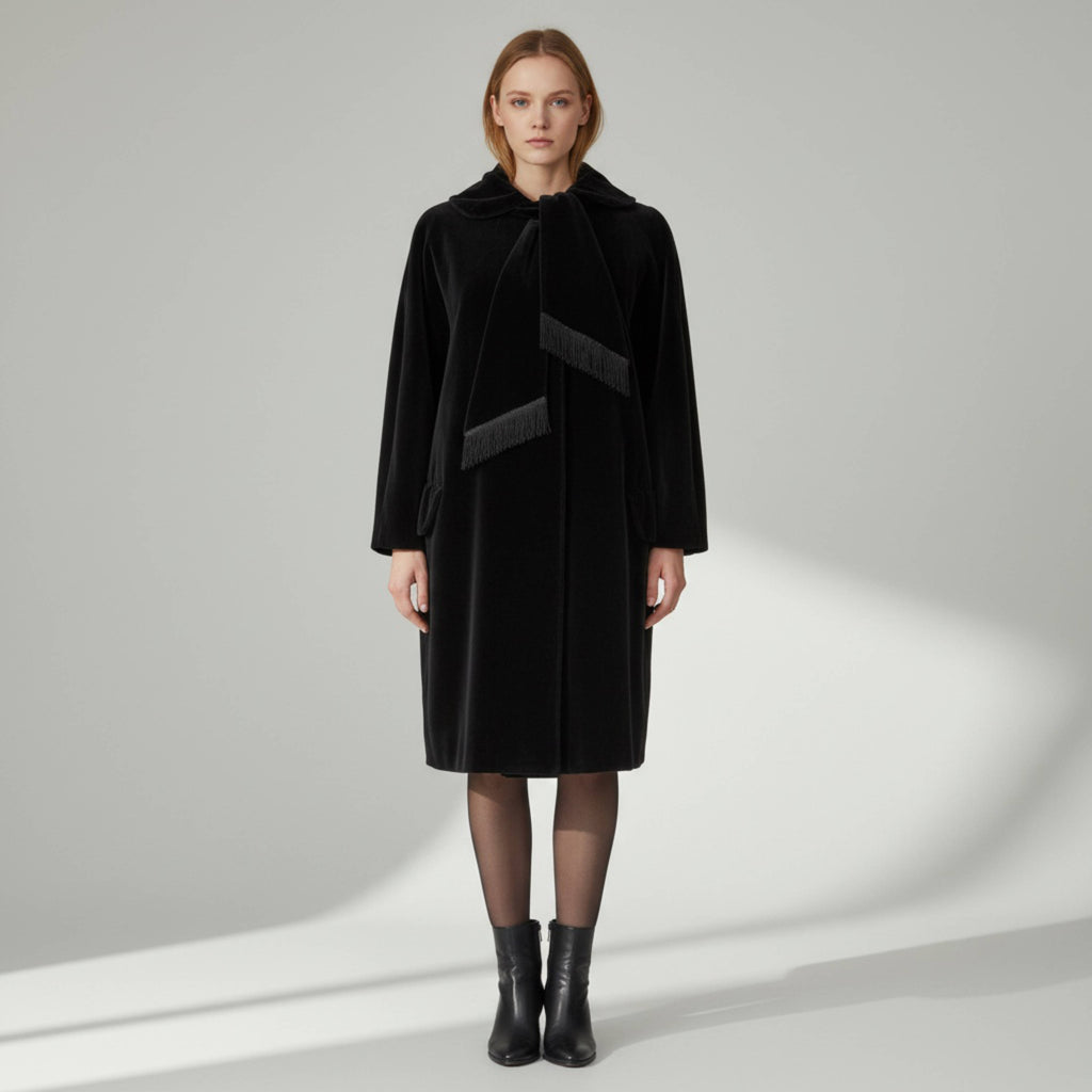 AI model wearing vintage black velvet coat petite petite by lydia