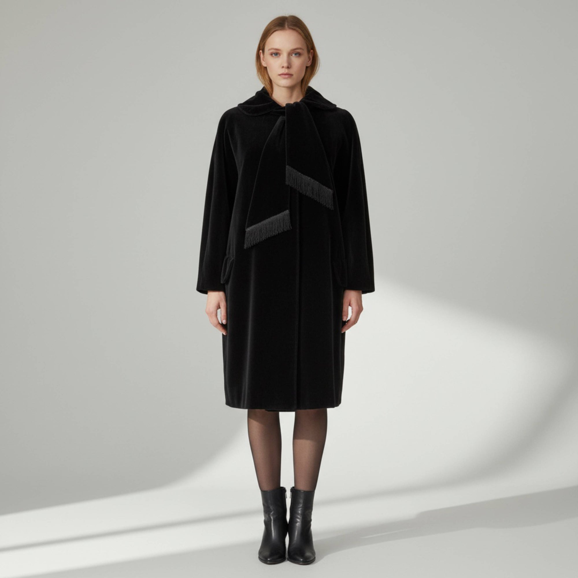 AI model wearing vintage black velvet coat petite petite by lydia