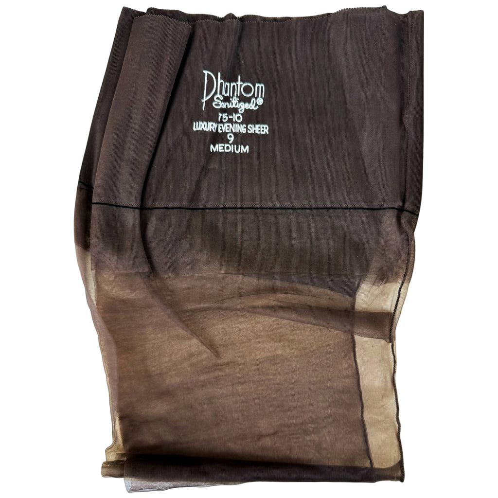 A folded sheer brown nylon hosiery stocking with white printed text reading 'Phantom Sanitized 75-10 LUXURY EVENING SHEER 9 MEDIUM' on a white background.