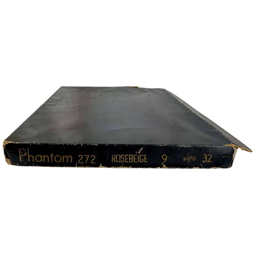 A vintage black box containing nylon stockings titled 'Phantom 272 ROSEBEIGE' with gold lettering on the spine