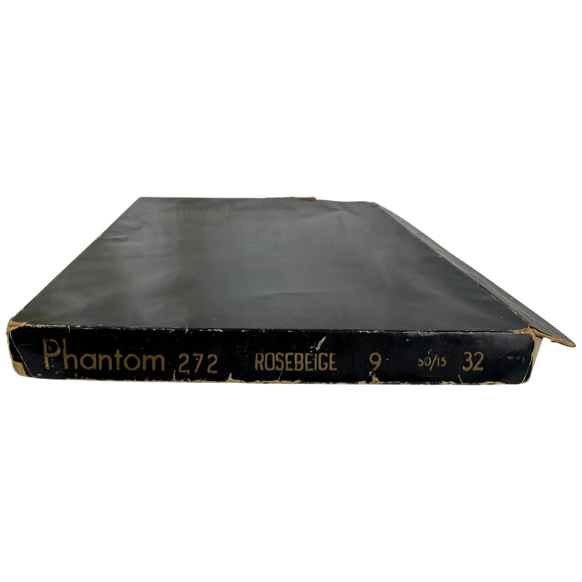 A vintage black box containing nylon stockings titled 'Phantom 272 ROSEBEIGE' with gold lettering on the spine