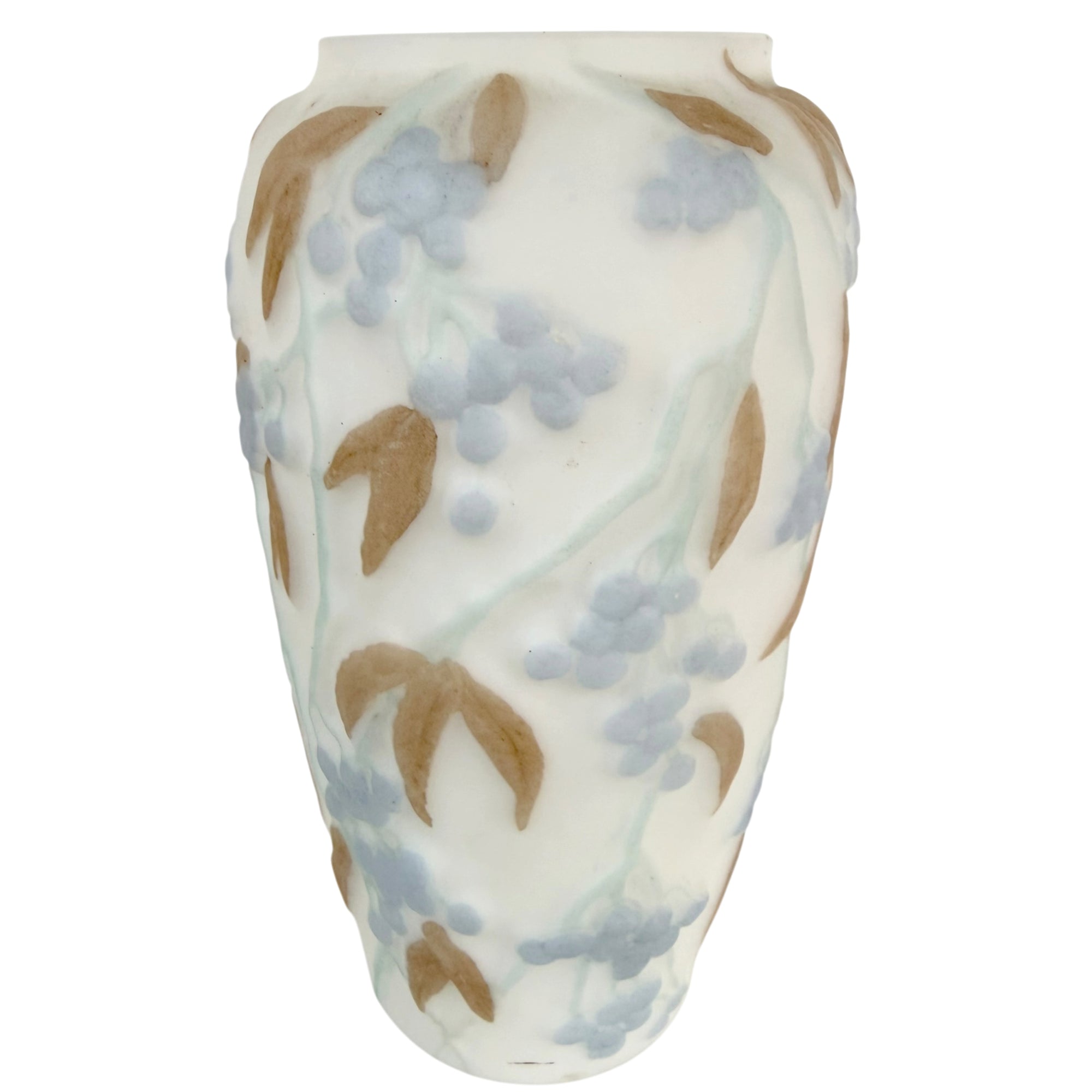 An Art Deco Phoenix Consolidated glass vase with a textured, sculpted floral pattern called Bittersweet