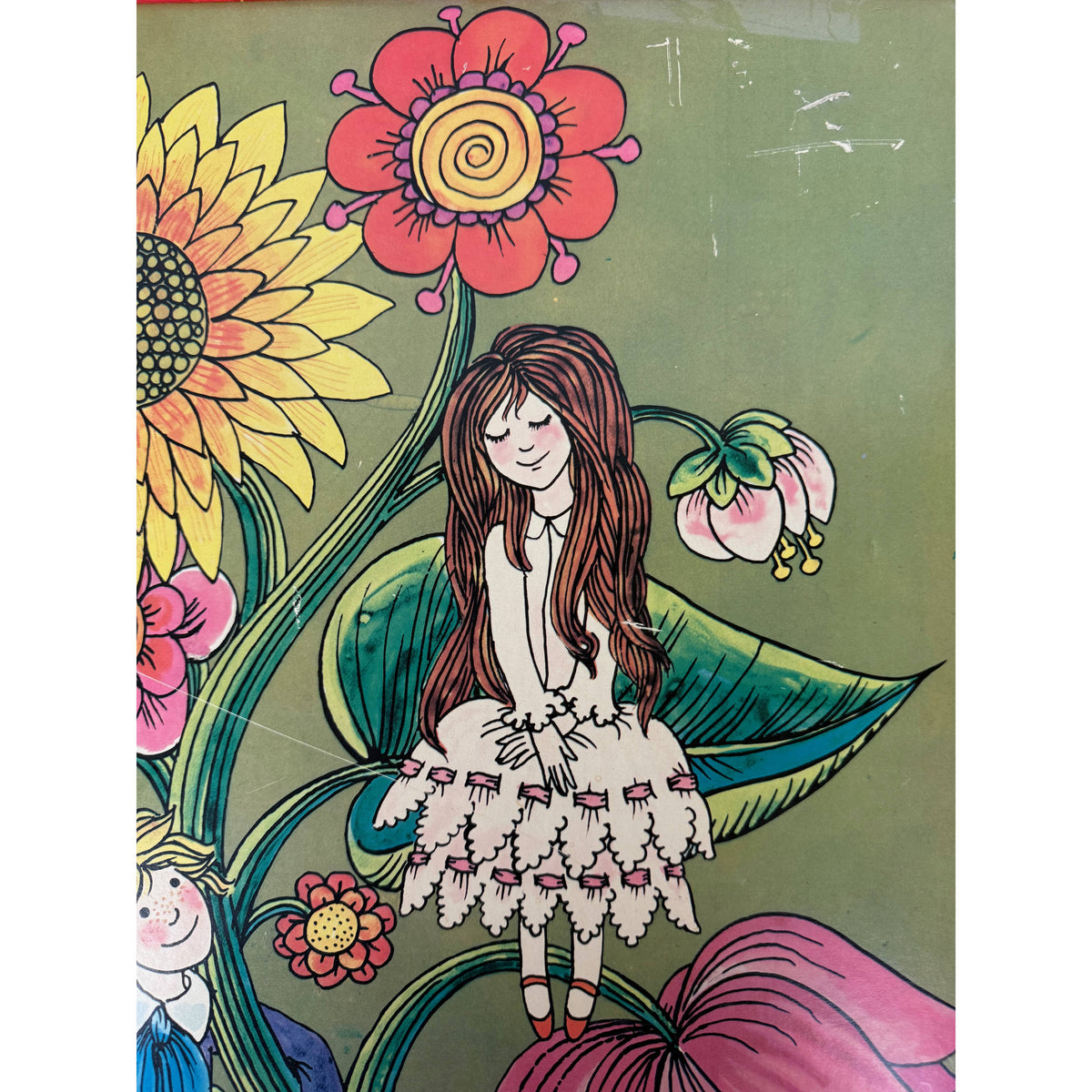 Surface wear on vintage Jan Pienkowski Sunflower lithographic print