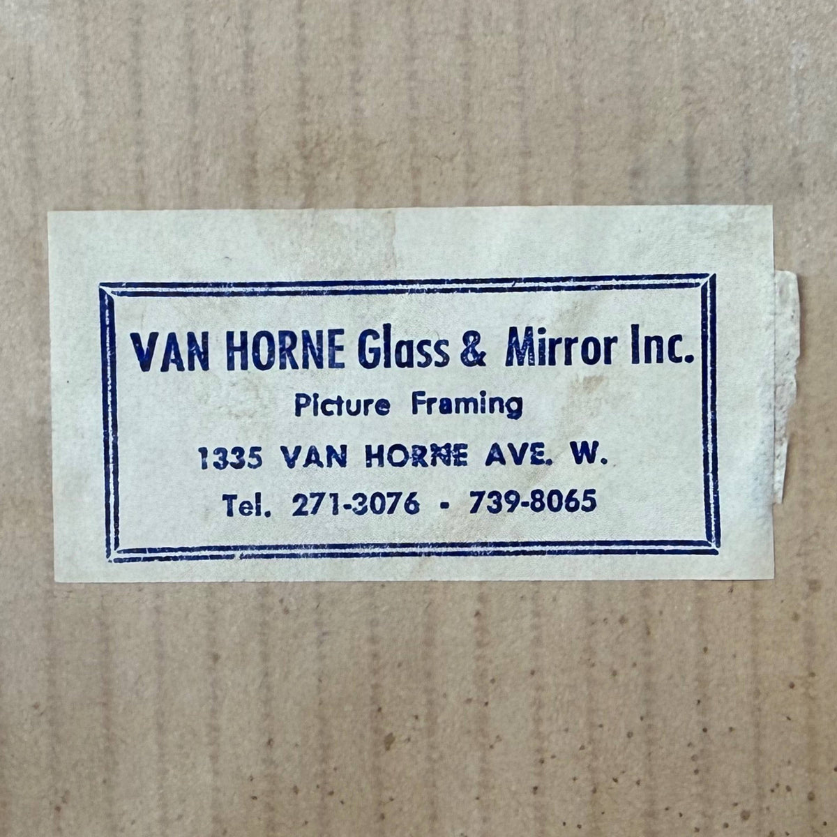 A vintage paper framing label for Van Horne Glass & Mirror Inc. 