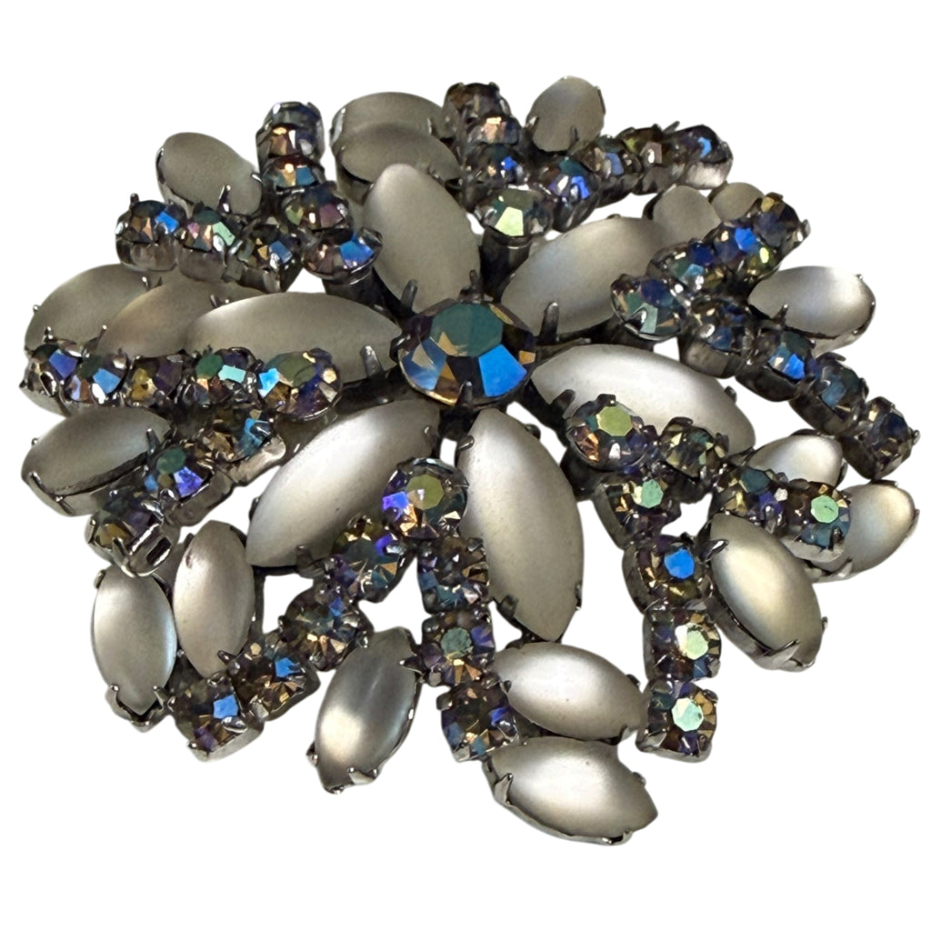 Angled view of signed Pierre vintage rhinestone brooch