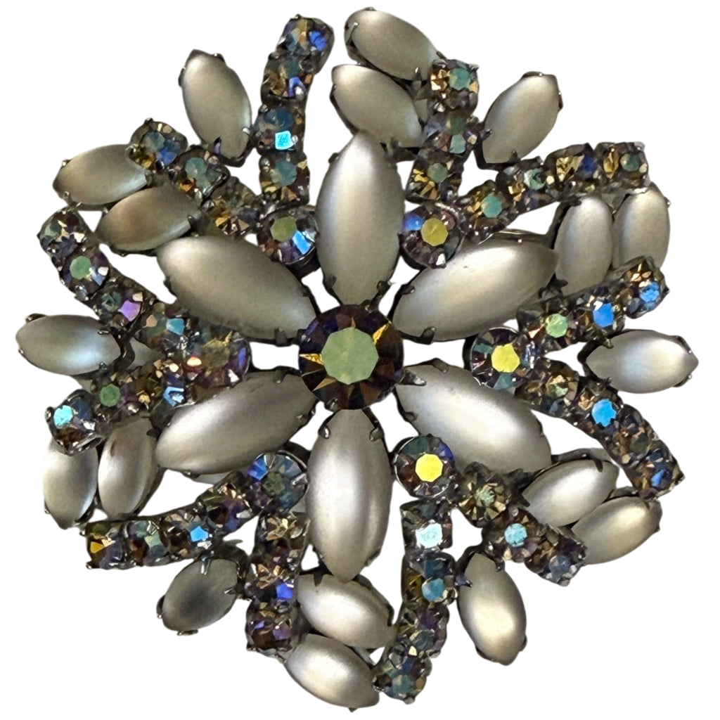 Vintage 1950s Pierre rhinestone brooch with frosted glass and aurora borealis stones