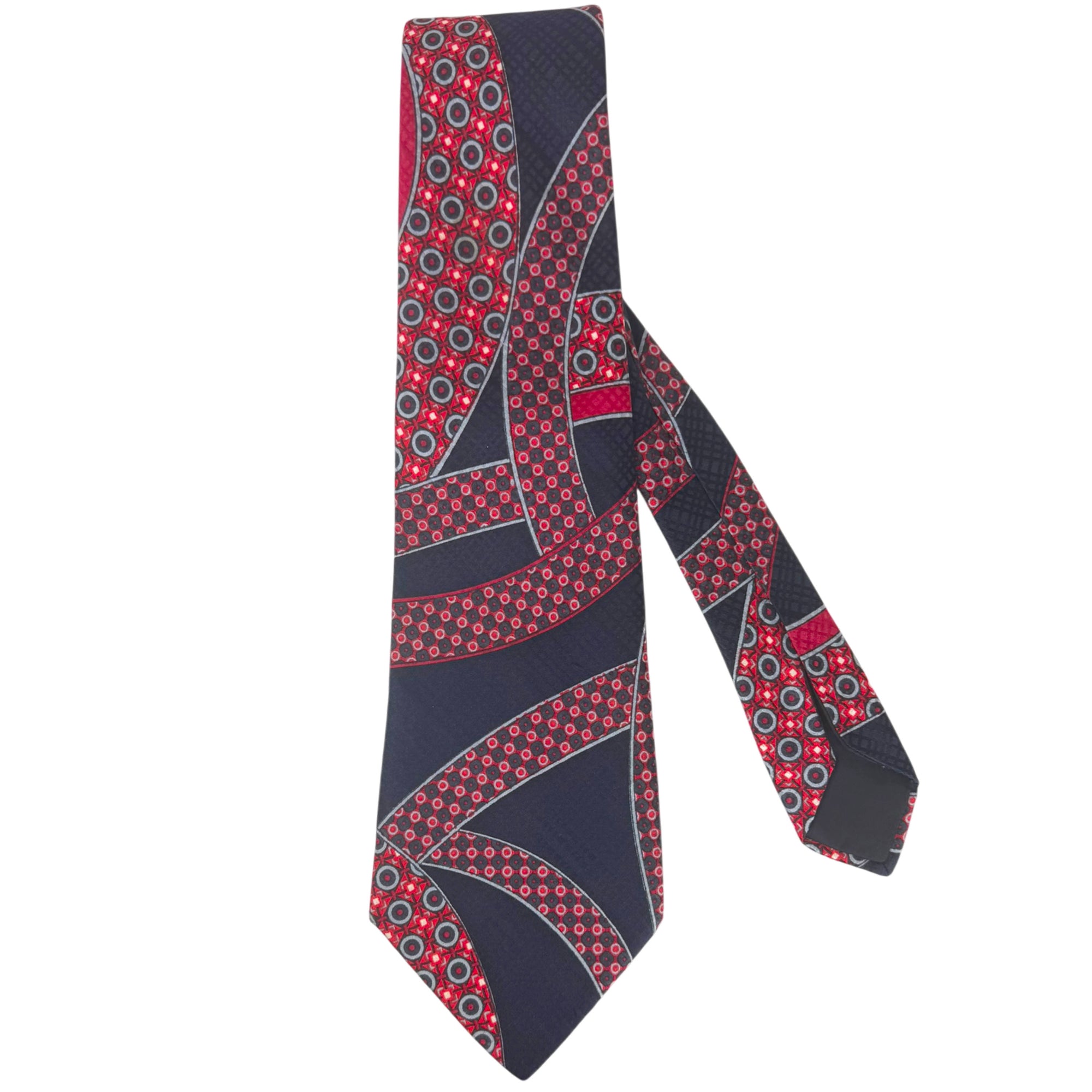 Vintage 1970s Pierre Cardin silk kipper tie made in France with navy red grey geometric pattern