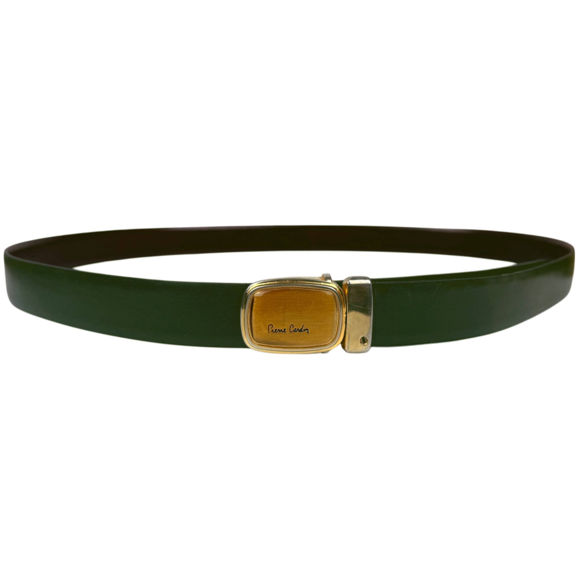 Vintage Pierre Cardin Reversible Leather Belt Green and Brown 1960s 70s Modernist Buckle