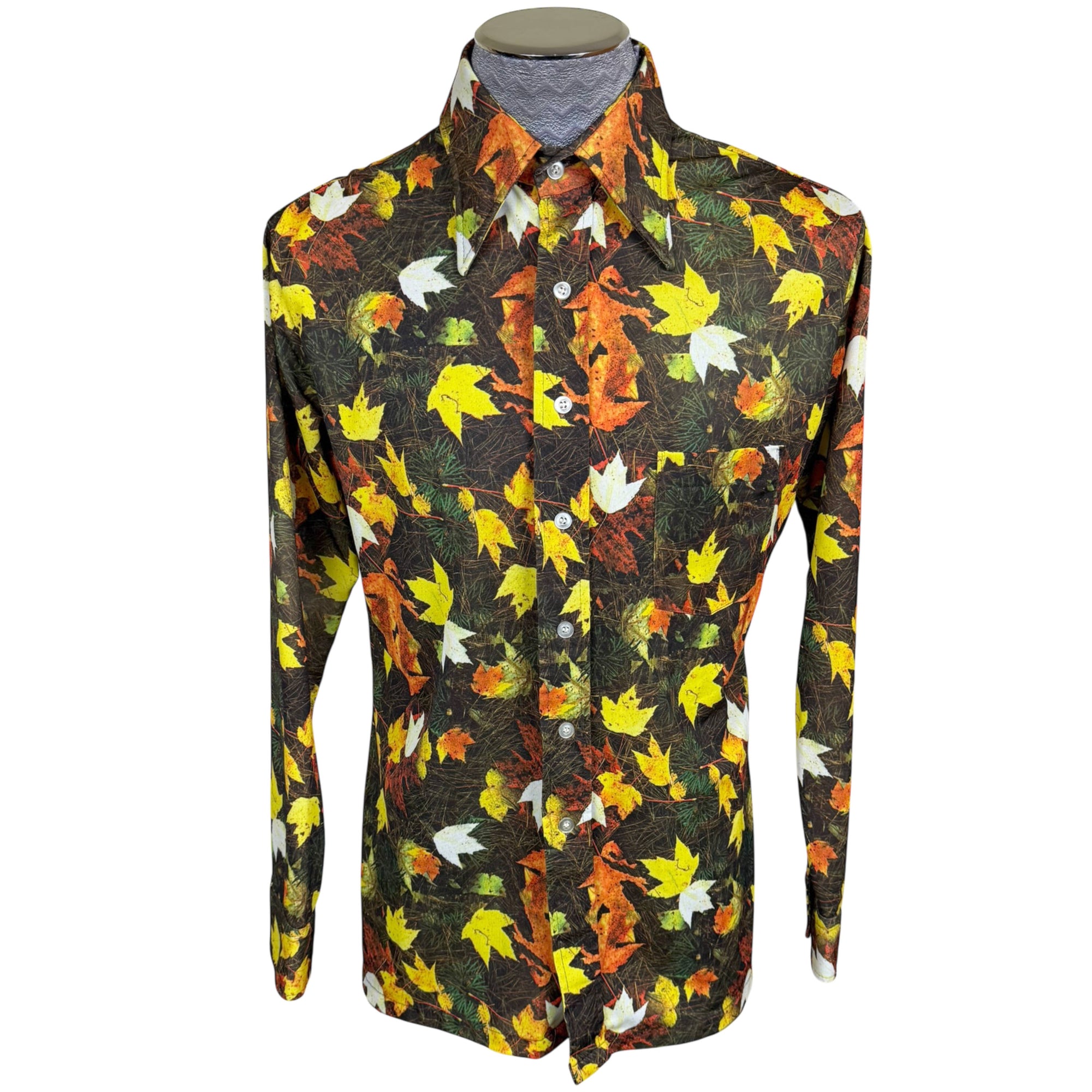 Vintage 1970s maple leaf disco shirt Pierre Gerard front view with closed neck
