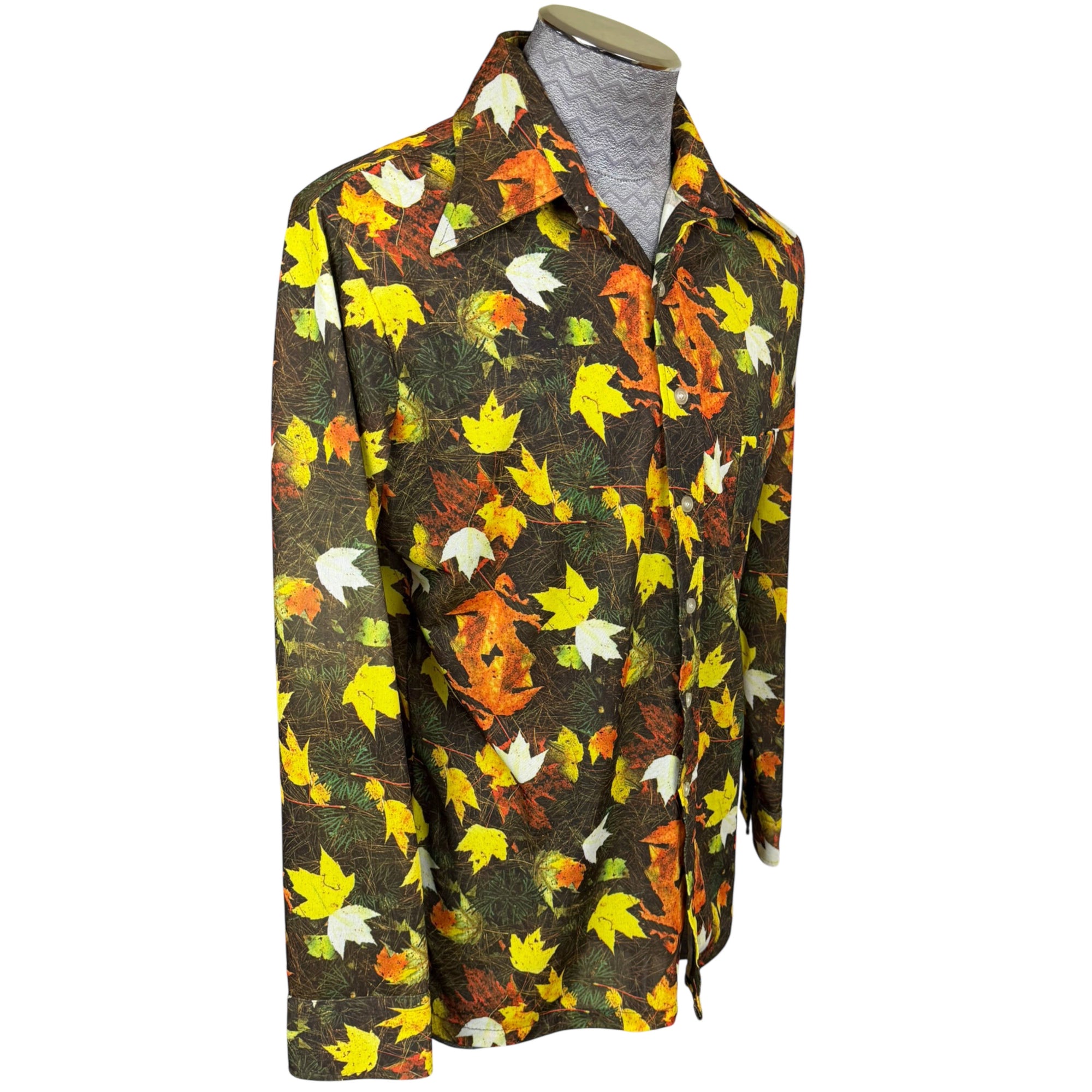 Right side view of vintage 1970s maple leaf disco shirt 