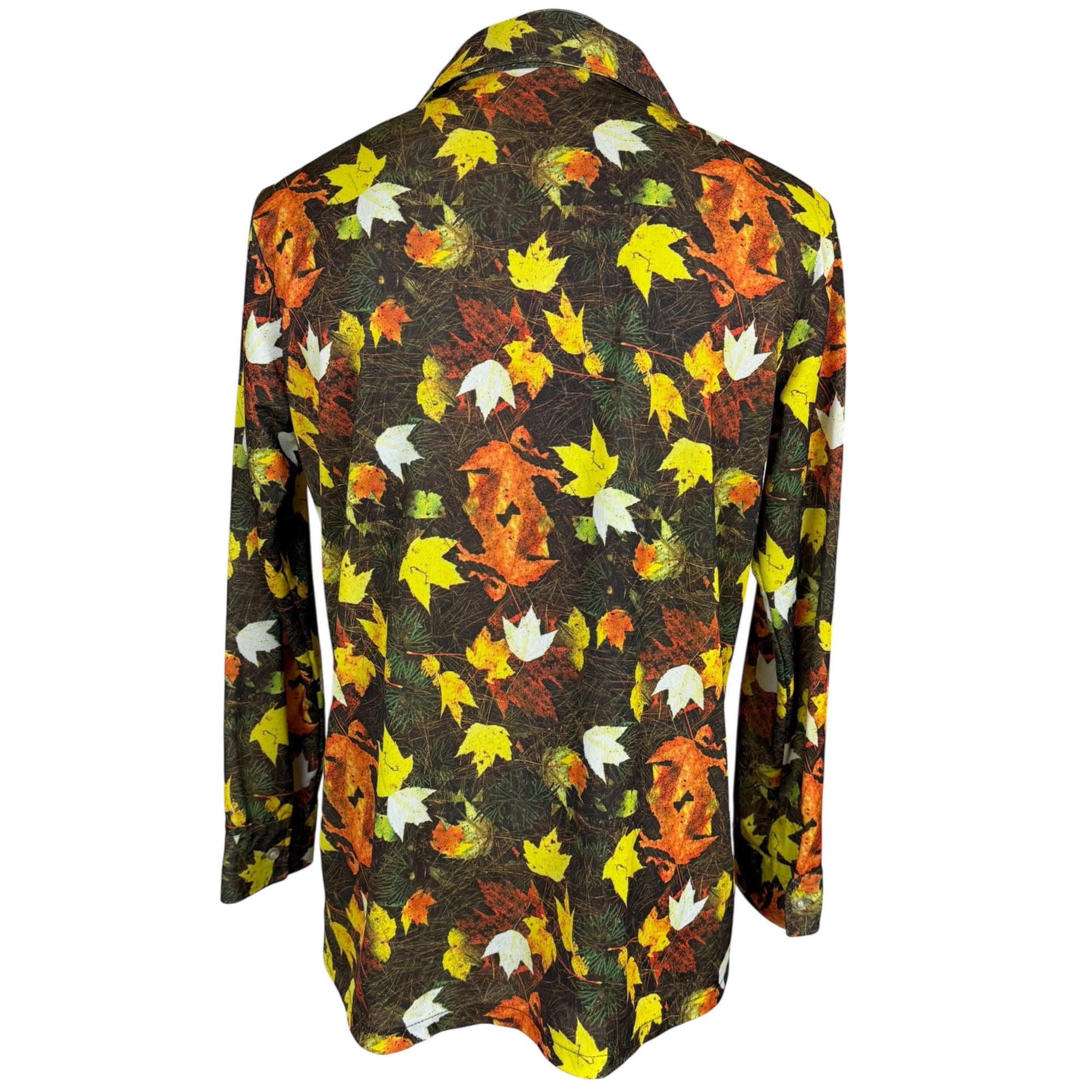 Back side view of vintage 1970s maple leaf disco shirt 
