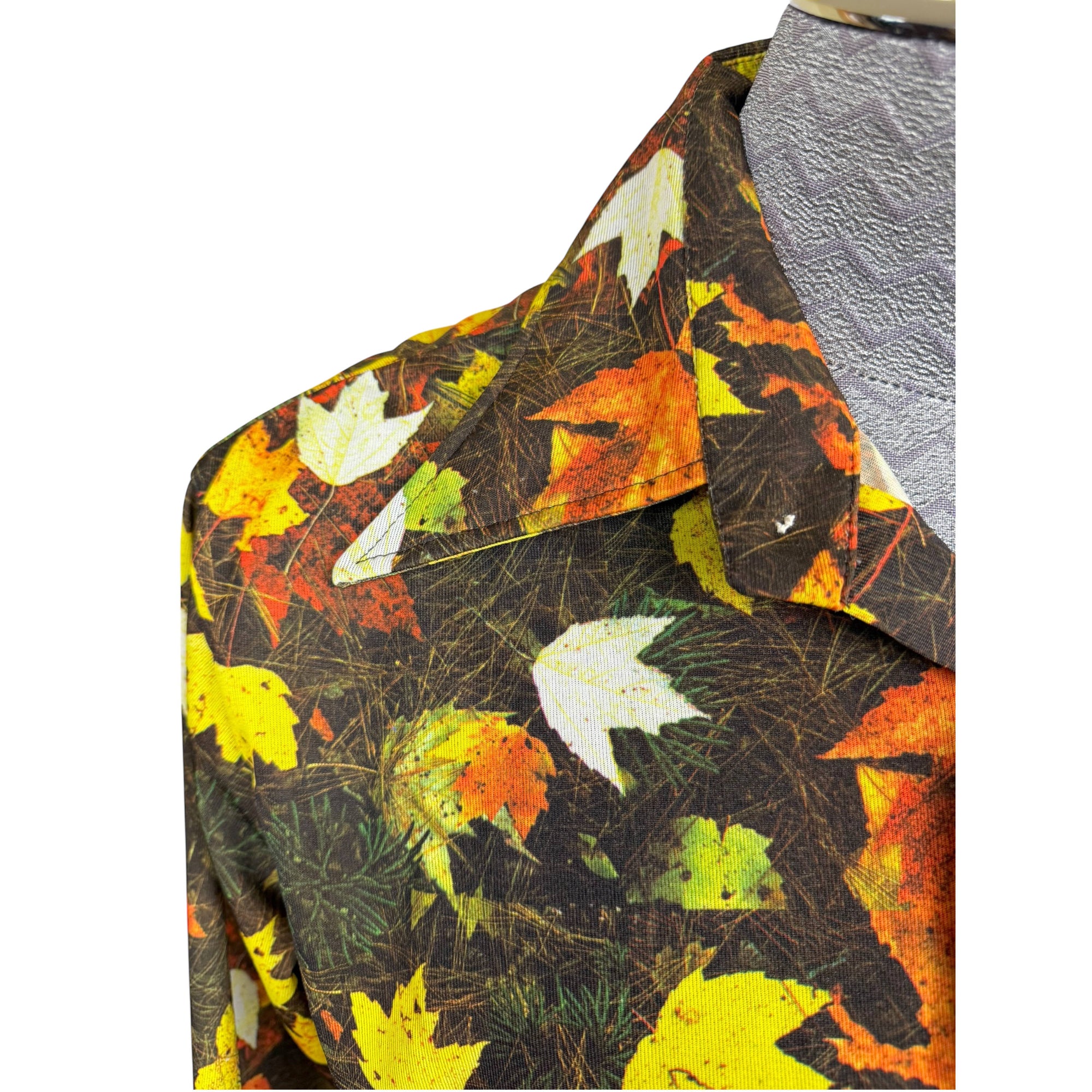 Close-up of collar on vintage 1970s maple leaf disco shirt 