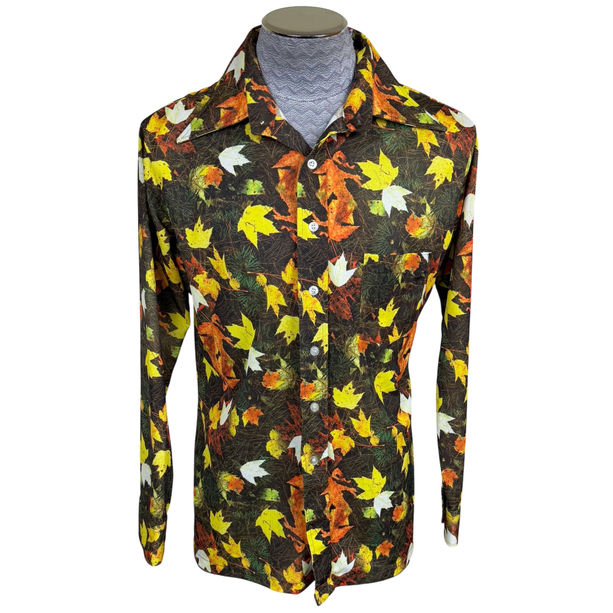 Vintage 1970s maple leaf disco shirt Pierre Gerard front view with open collar