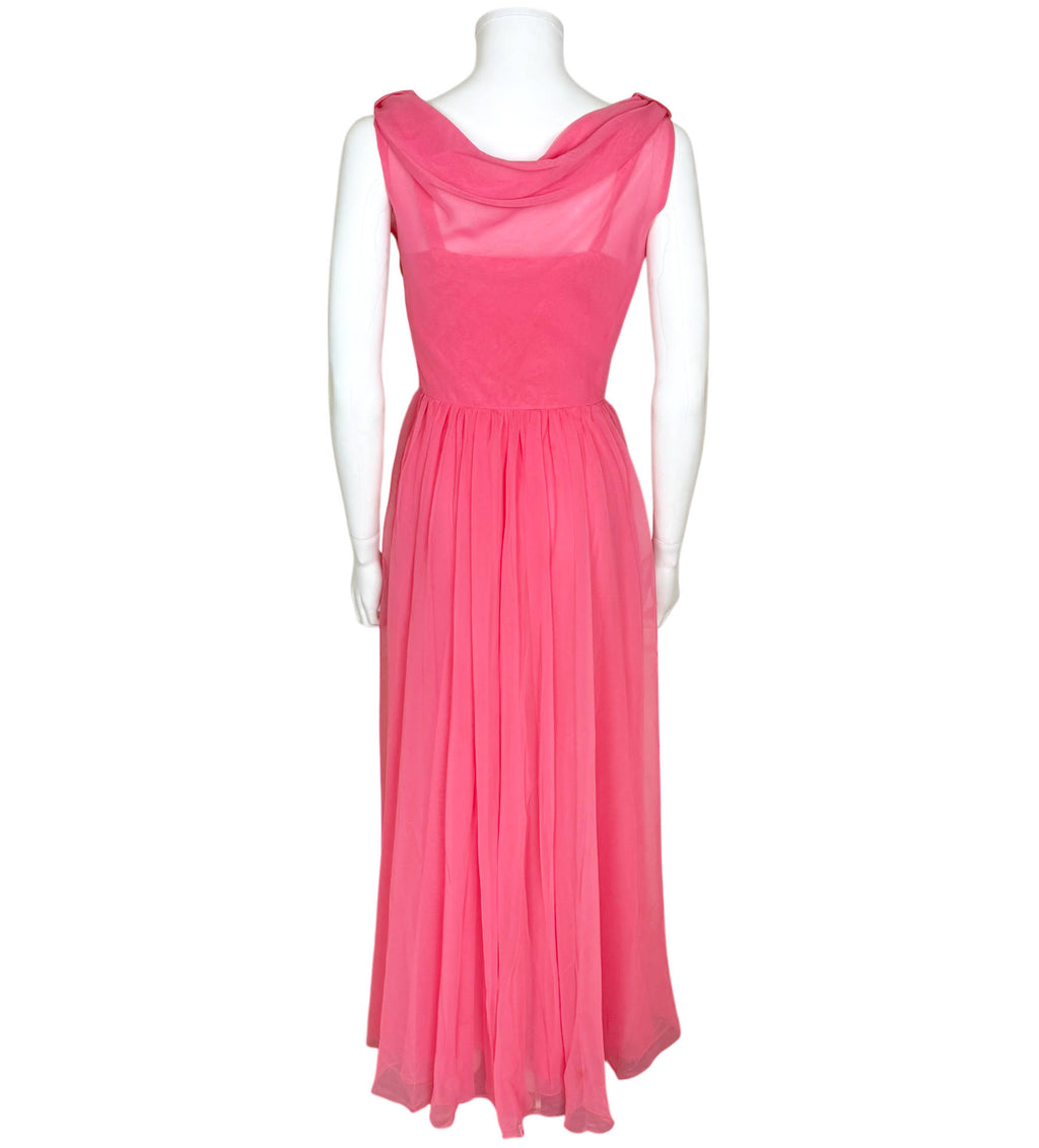 back view of 1960s pink evening gown