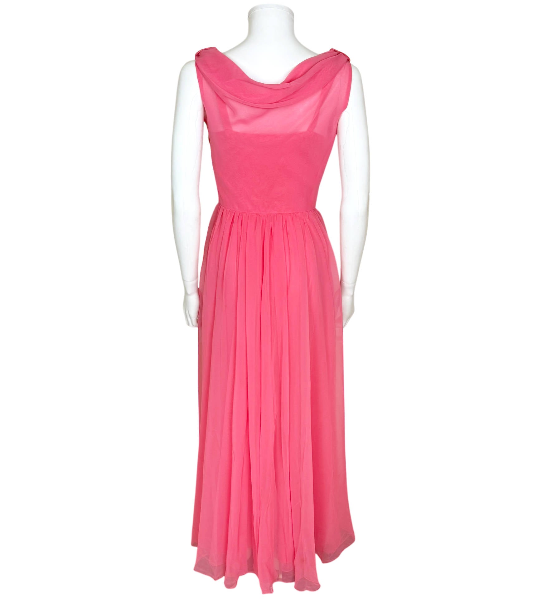 back view of 1960s pink evening gown