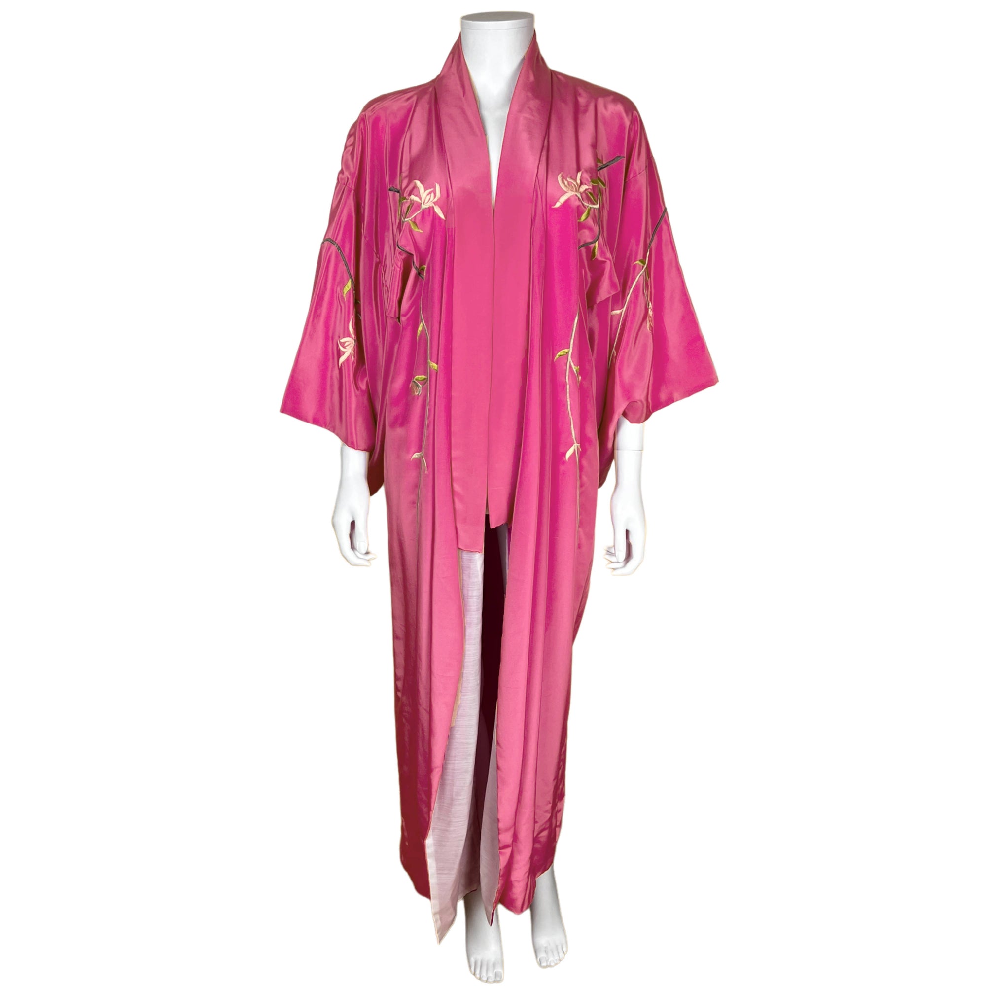 Vintage Embroidered Kimono Dressing Gown Pink Robe Japan