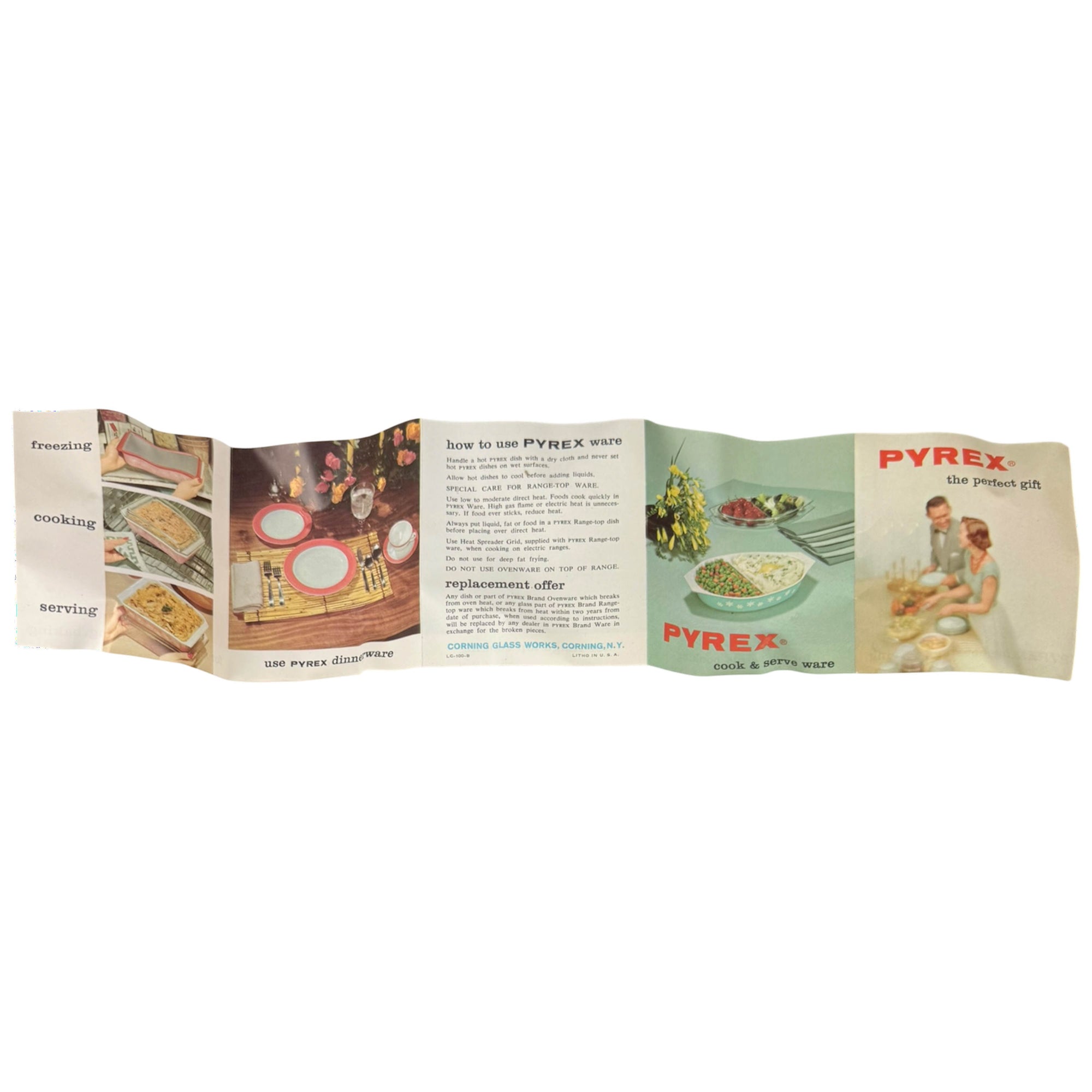 A vintage Pyrex brochure or instruction booklet laid flat on a white background, showing illustrated panels about cooking, serving, and use with retro food and kitchen scenes.