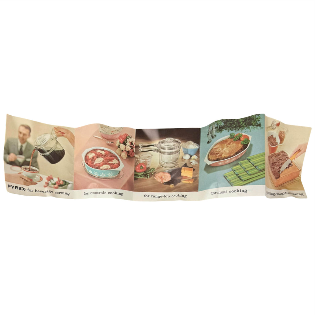 A vintage Pyrex kitchen pamphlet unfolded on a white background, featuring illustrated scenes of cooking and serving with the text 'PYREX for better-life serving.'.