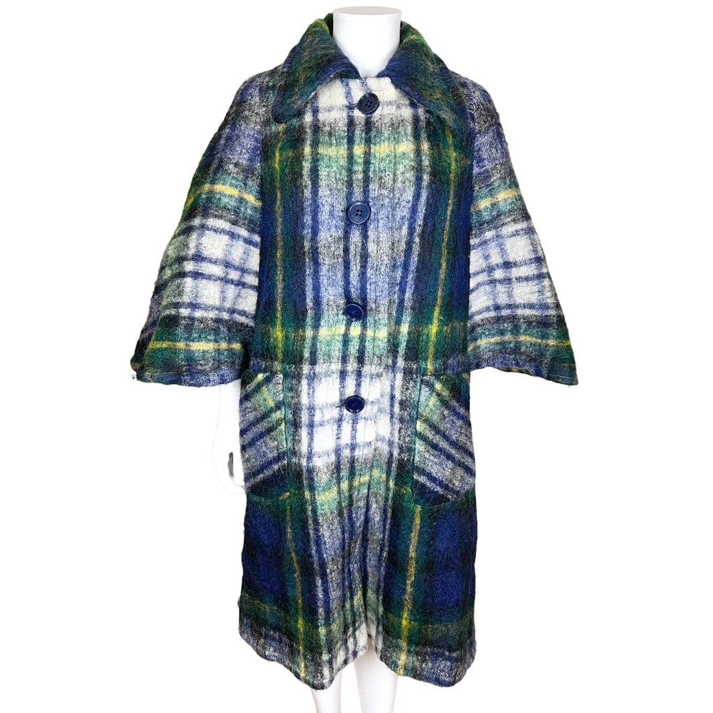 1960s Vintage Mohair Plaid Coat w Cape Sleeves Ladies Size M