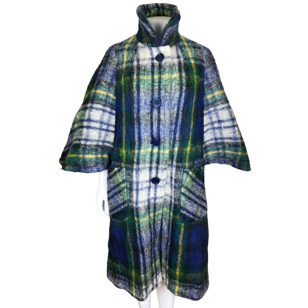 1960s Vintage Mohair Plaid Coat w Cape Sleeves Ladies Size M