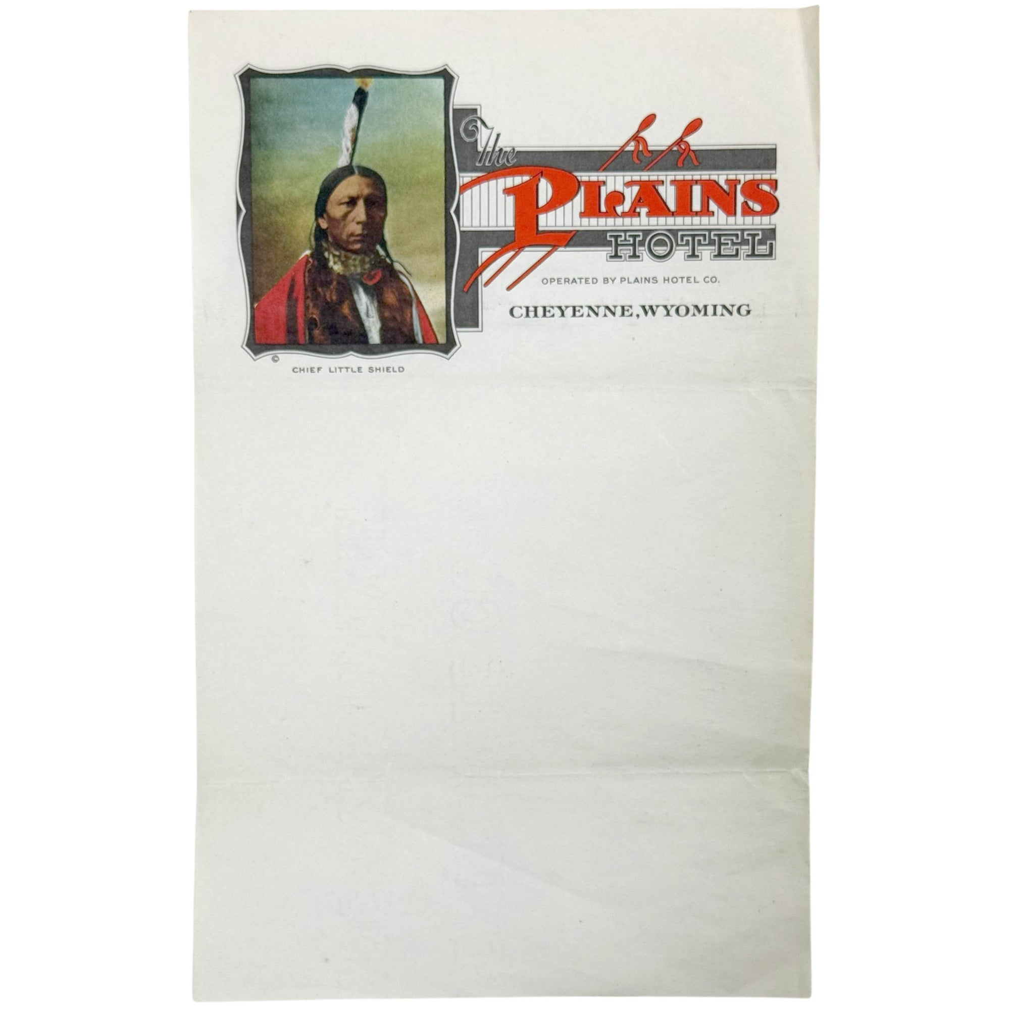 Vintage 1930s Plains Hotel Cheyenne Wyoming Letterhead Chief Little Shield