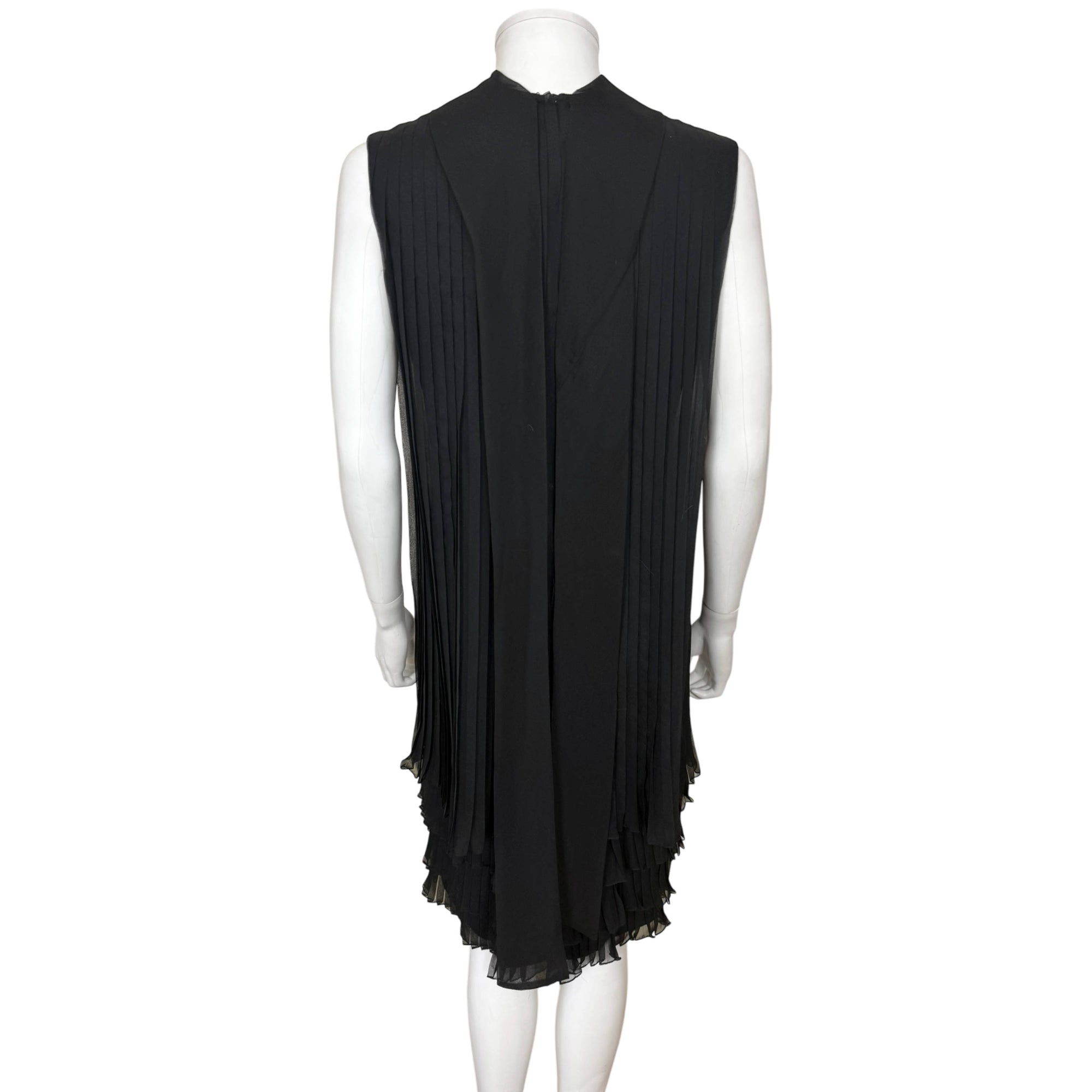 Back view of vintage 1960s black chiffon pleated shift dress rayon cocktail dress sleeveless