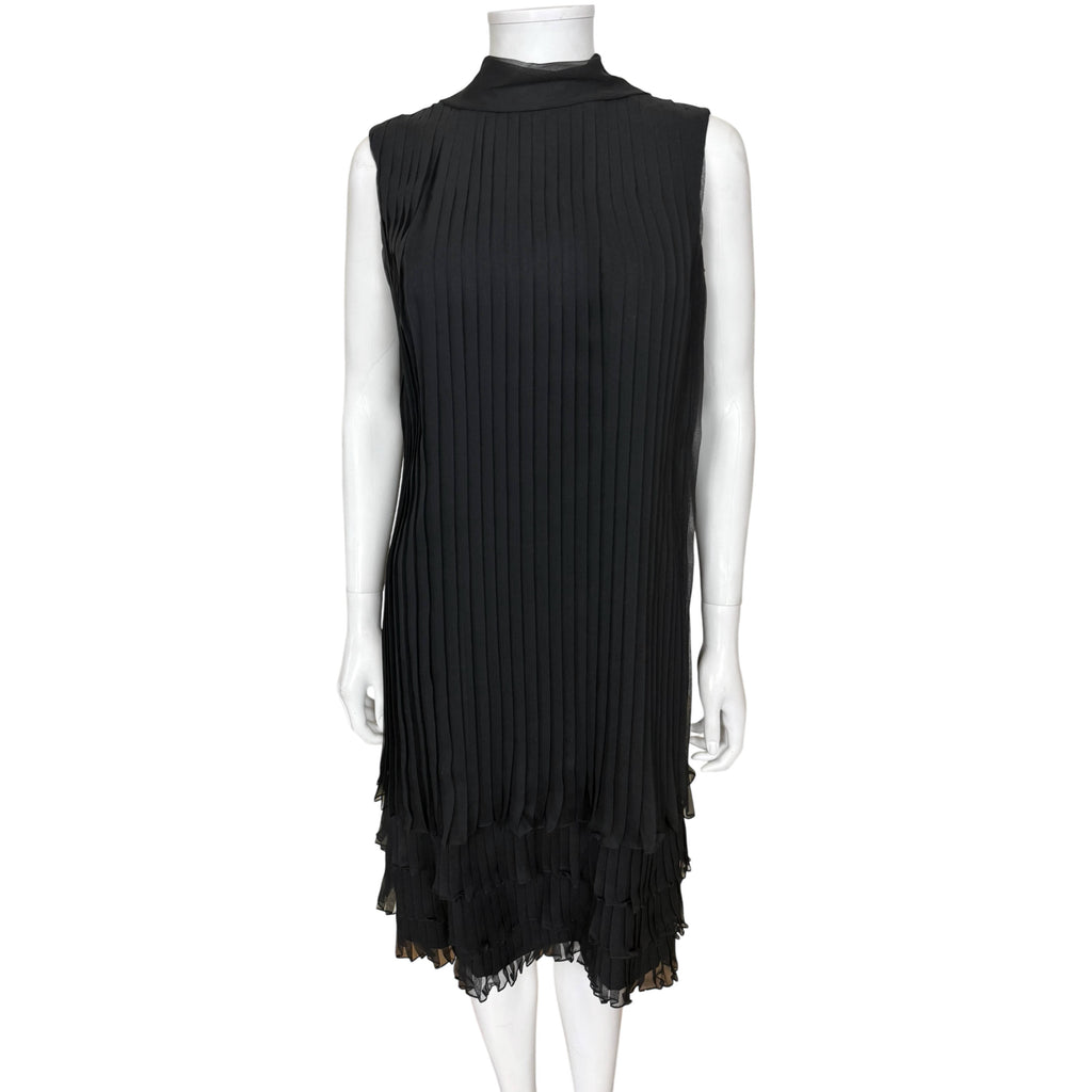 Vintage 1960s black chiffon pleated shift dress rayon cocktail dress sleeveless