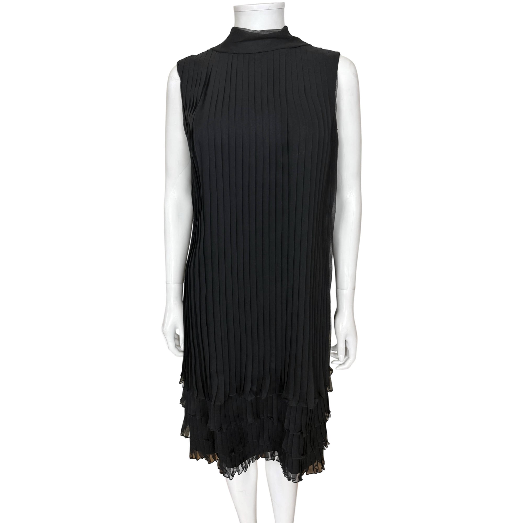 Vintage 1960s black chiffon pleated shift dress rayon cocktail dress sleeveless