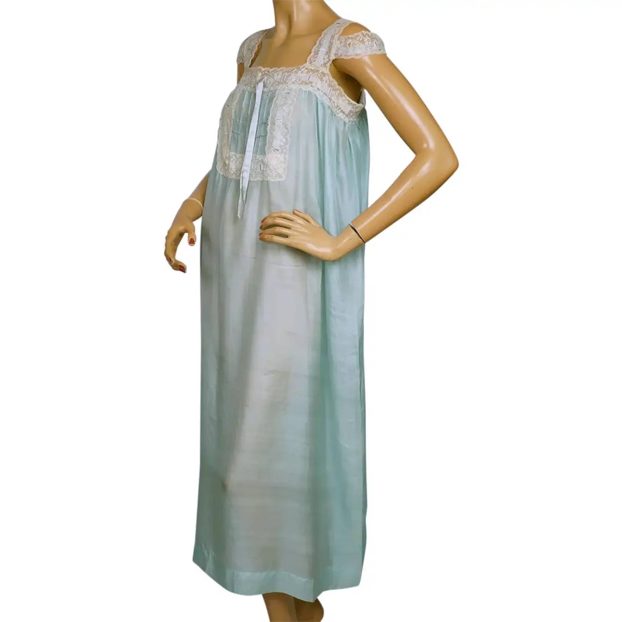 Vintage 1920s Silk Nightgown Blue Pongee Nightie w Lace Trim