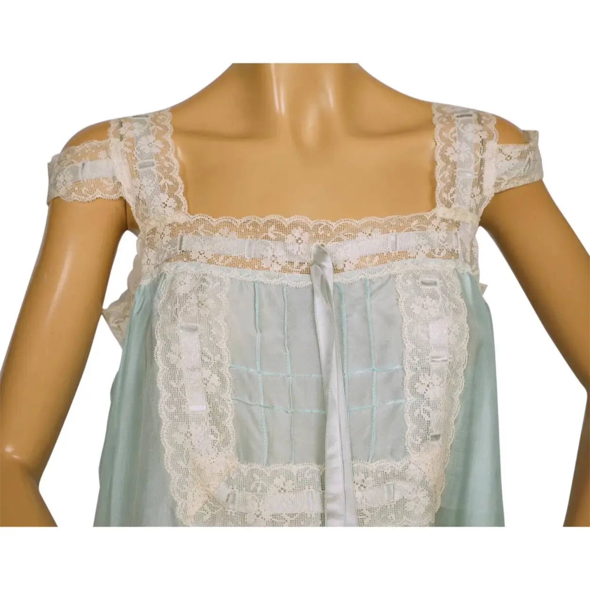 Vintage 1920s Silk Nightgown Blue Pongee Nightie w Lace Trim
