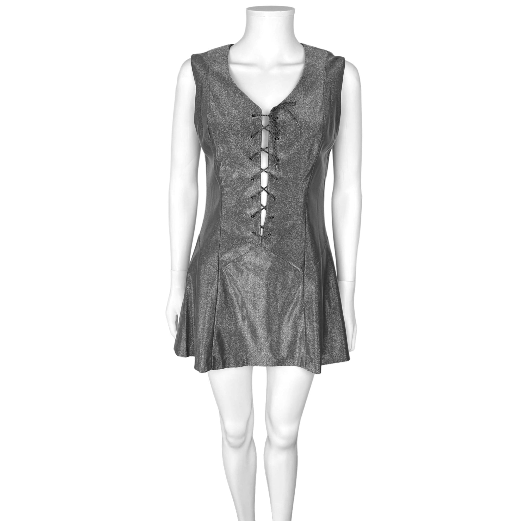 Vintage 1960s Pantsuit Shiny Grey Mini Dress & Pants Size M