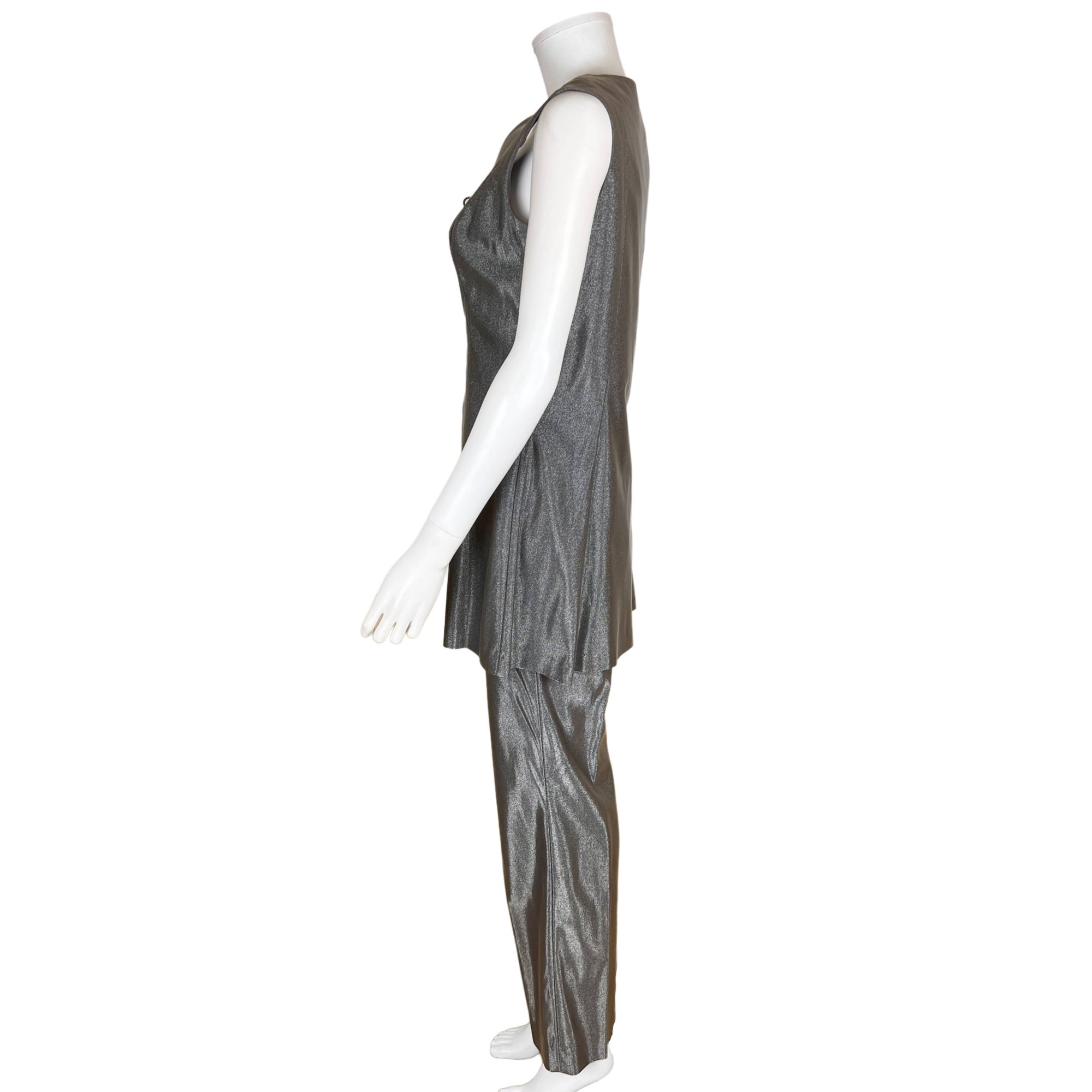 Vintage 1960s Pantsuit Shiny Grey Mini Dress & Pants Size M