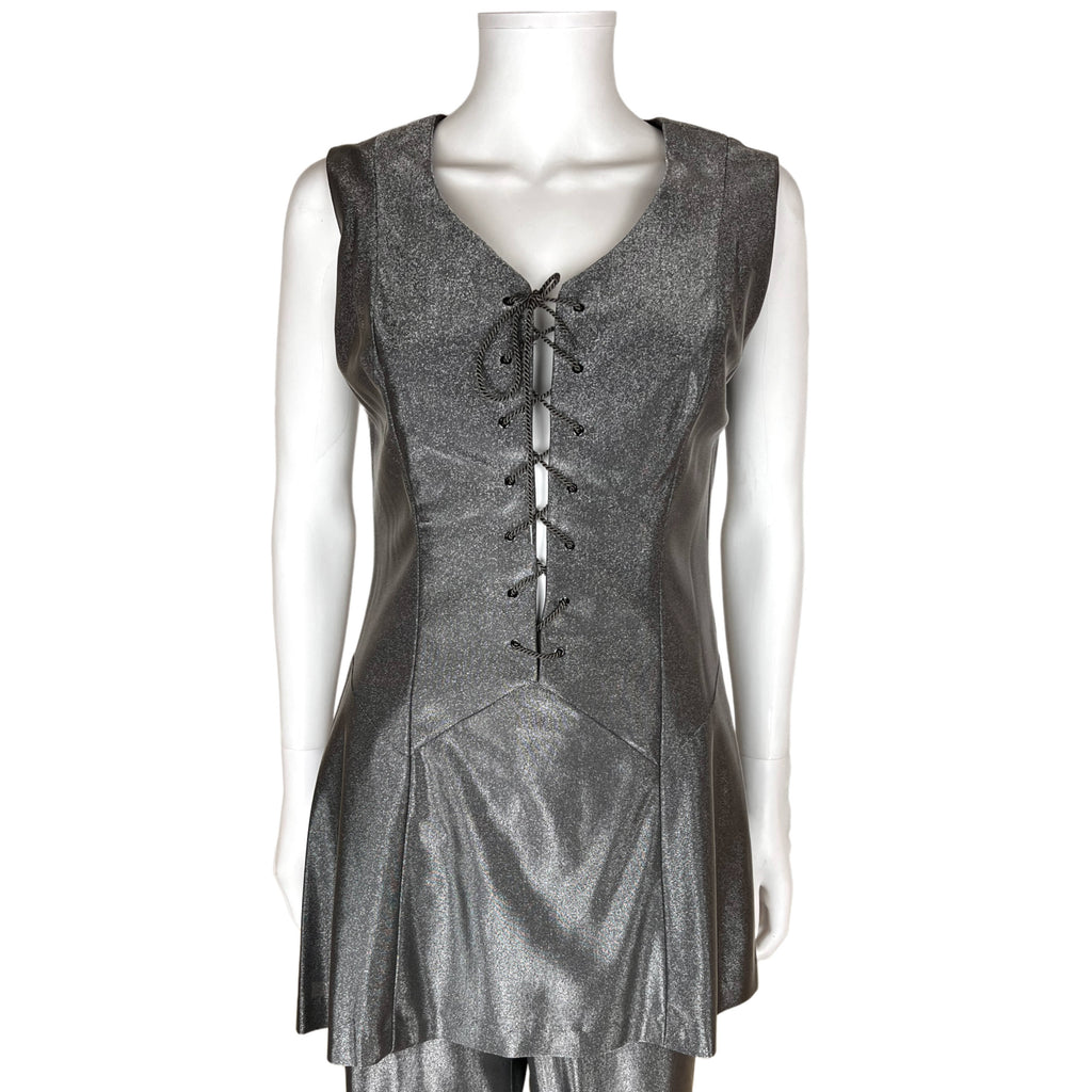Vintage 1960s Pantsuit Shiny Grey Mini Dress & Pants Size M